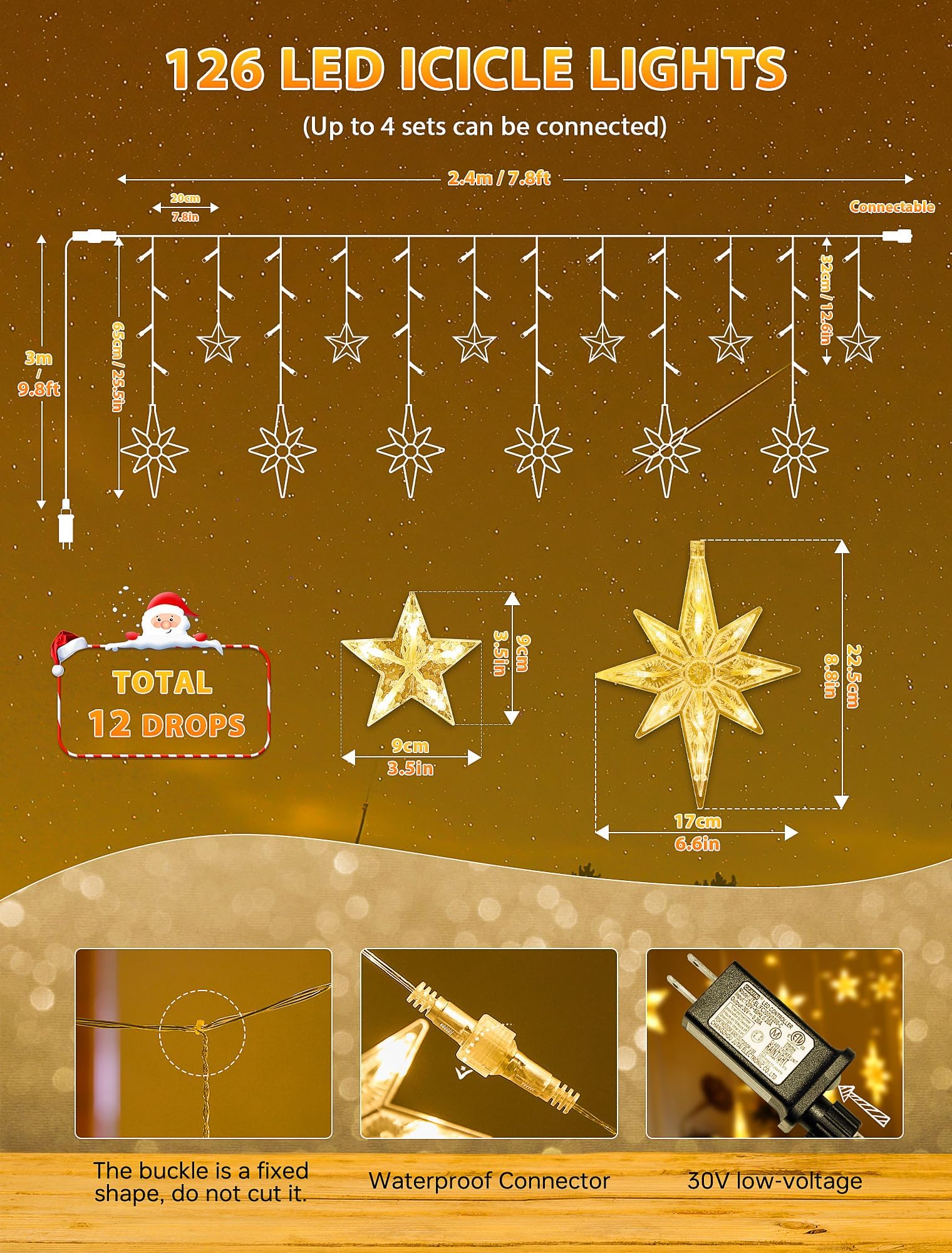 Beewin 126 Led Star Icicle Lights,7.8Ft Connectable Window Curtain Lights Plug In,8 Lighting Modes Timer Bethlehem Star Christmas Lights For Indoor Outdoor,Bedroom,Wedding,Ramadan Decor,Warm White