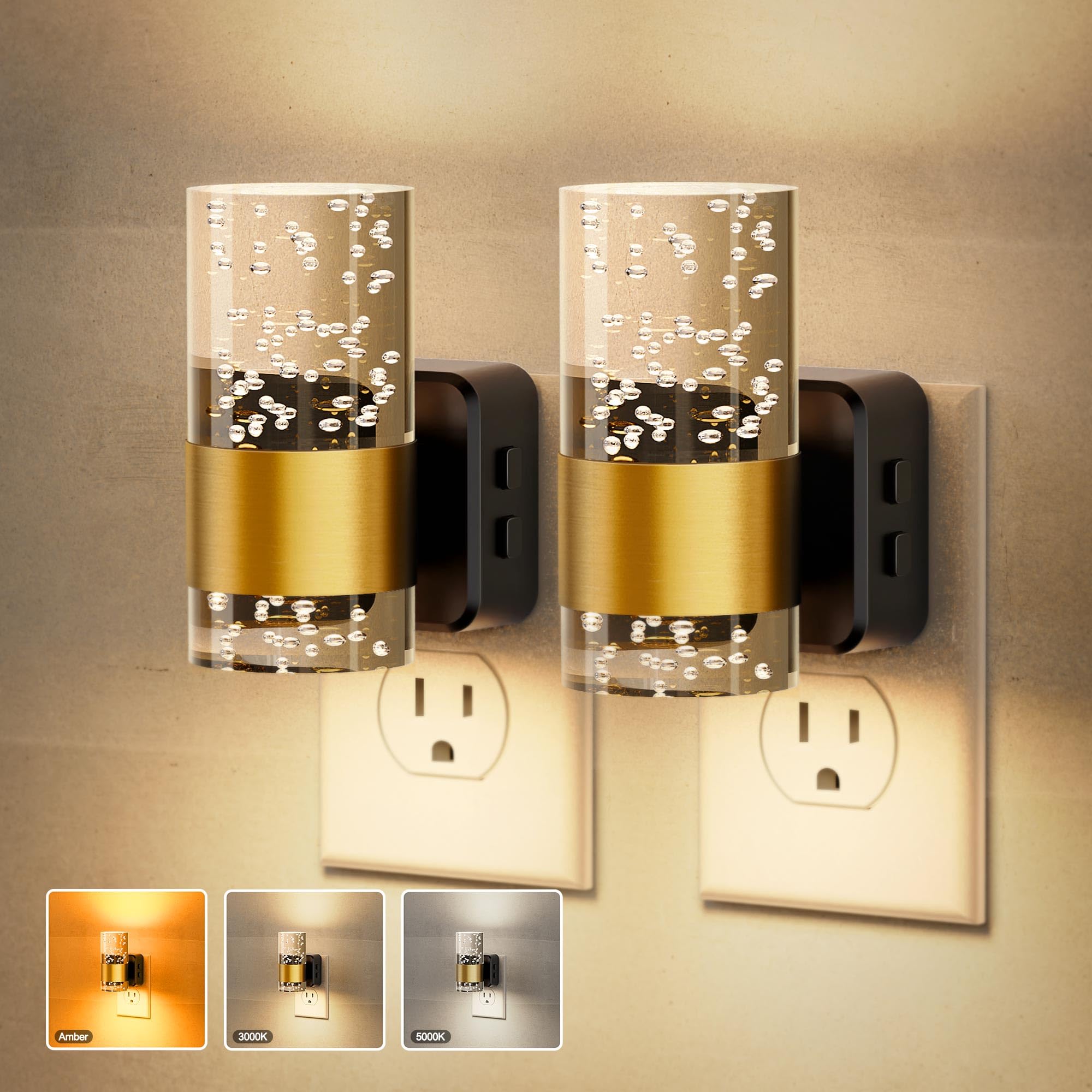 Jandcase Night Lights Plug Into Wall, 2 Pack 3Cct Color Changing Night Light, 10/50/100Lm Adjustable Brightness Nightlight, Ambe