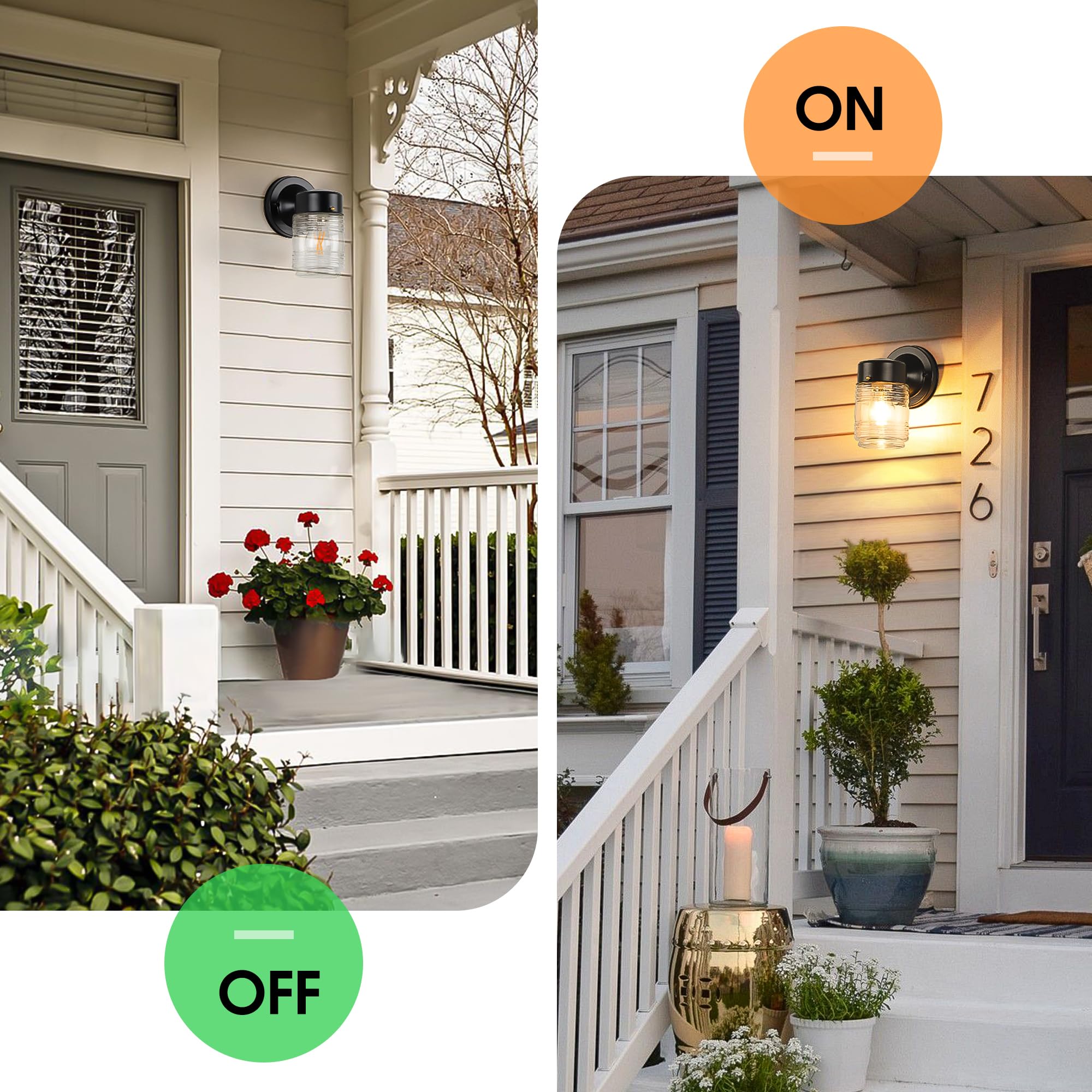 Matameye Jelly Jar Outdoor Wall Lantern, Black Exterior Waterproof Wall Mount Lighting Fixture, Anti-Rust Front Door Wall Sconce With Clear Ribbed Glass Shade, E26 Socket Wall Lamp For Patio, 2 Pack