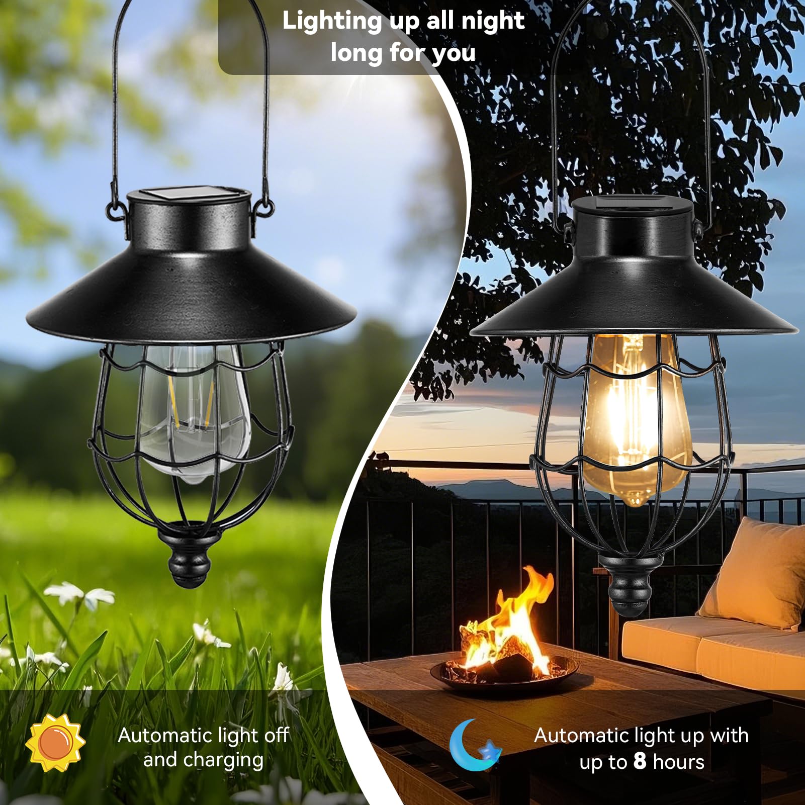 pearlstar Solar Lantern - Vintage Waterproof Hanging Light, Warm White Edison Bulb Design, Black, Model 176