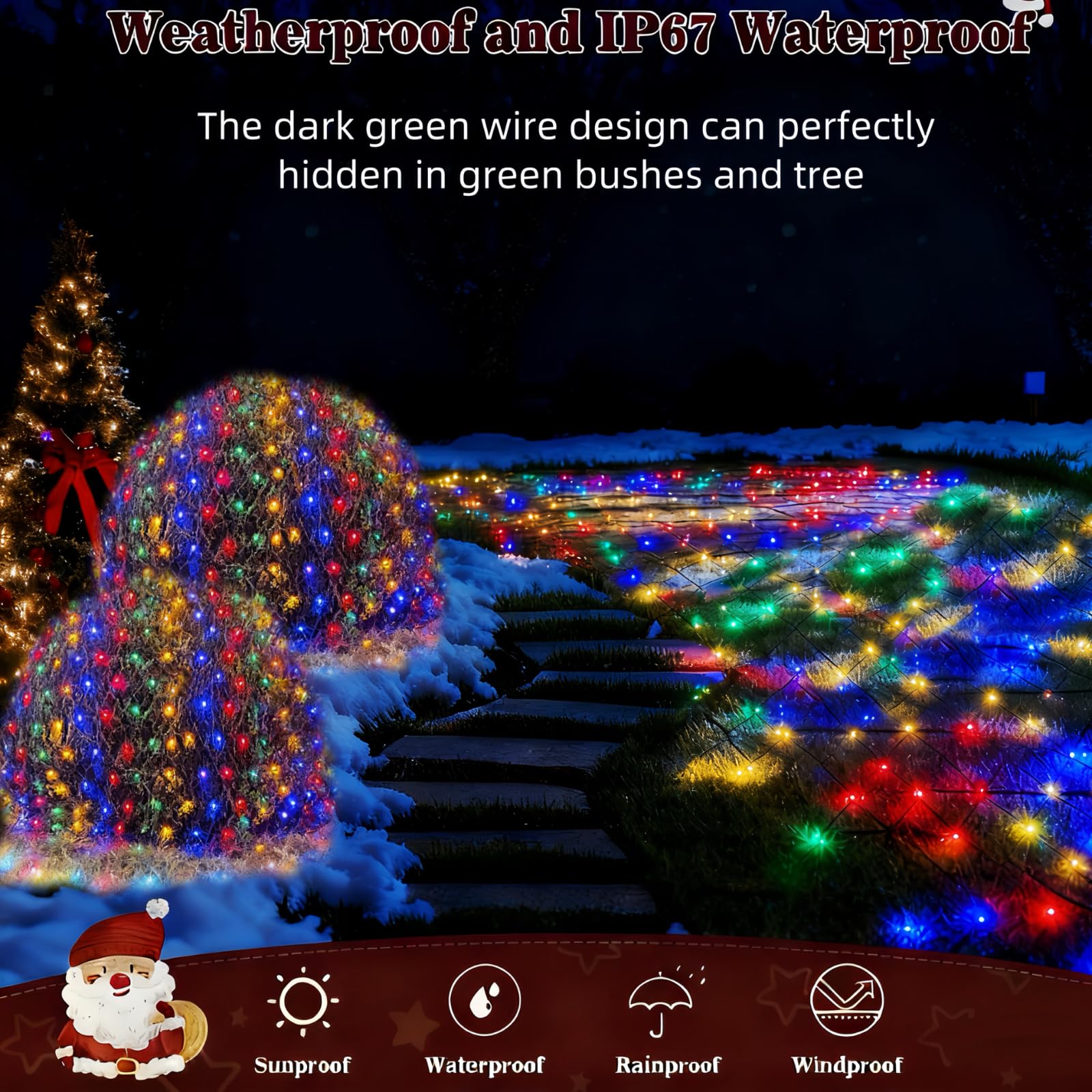 HYH Christmas Net Lights, 360 LED, 12FTx5FT, Connectable, Waterproof, 8 Modes, Multicolored for Outdoor Indoor Decorations