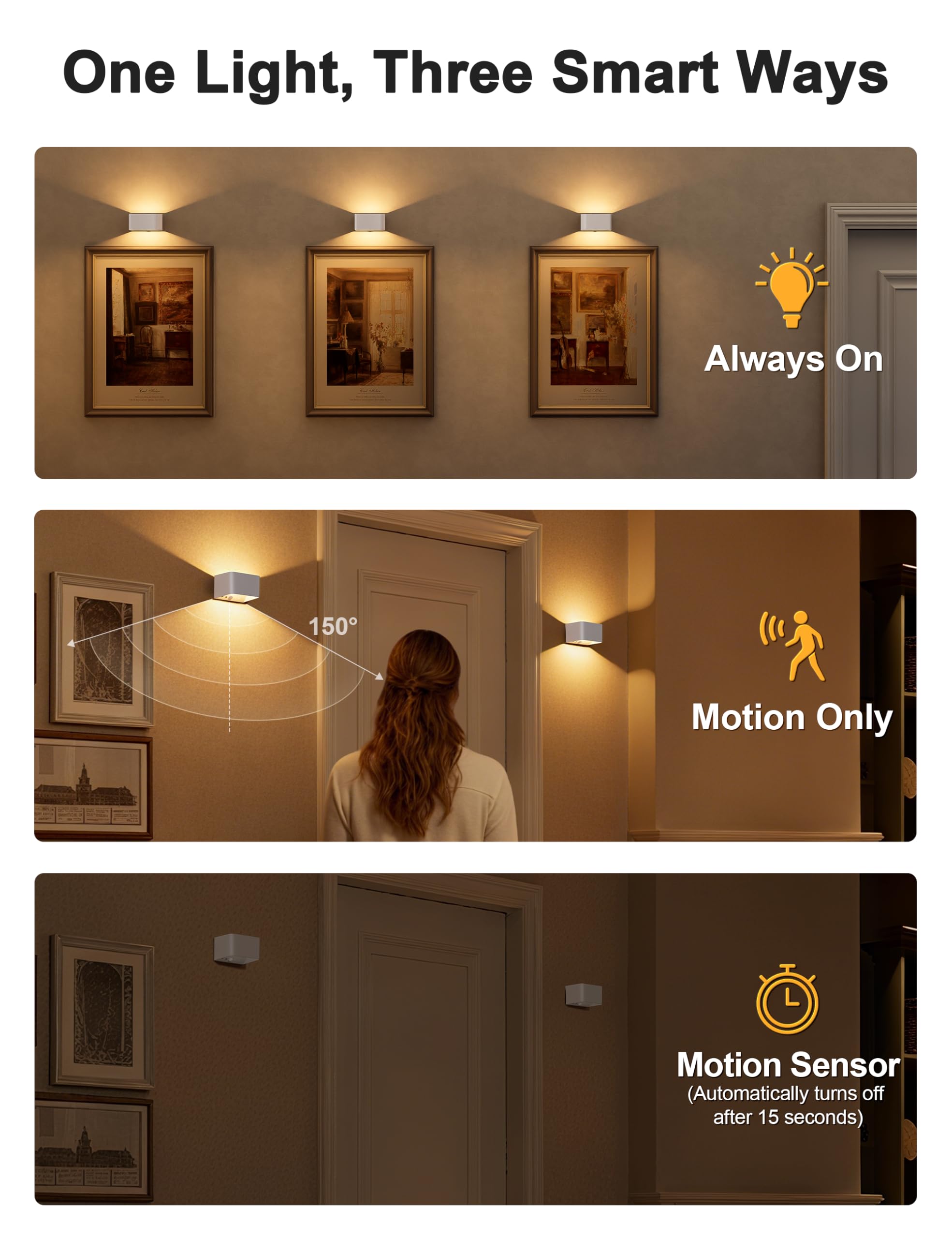 NIORSUN Motion Sensor Wall Light, 3CCT Dimmable, Rechargeable, White, 2 Pack, Model B003, Battery Operated