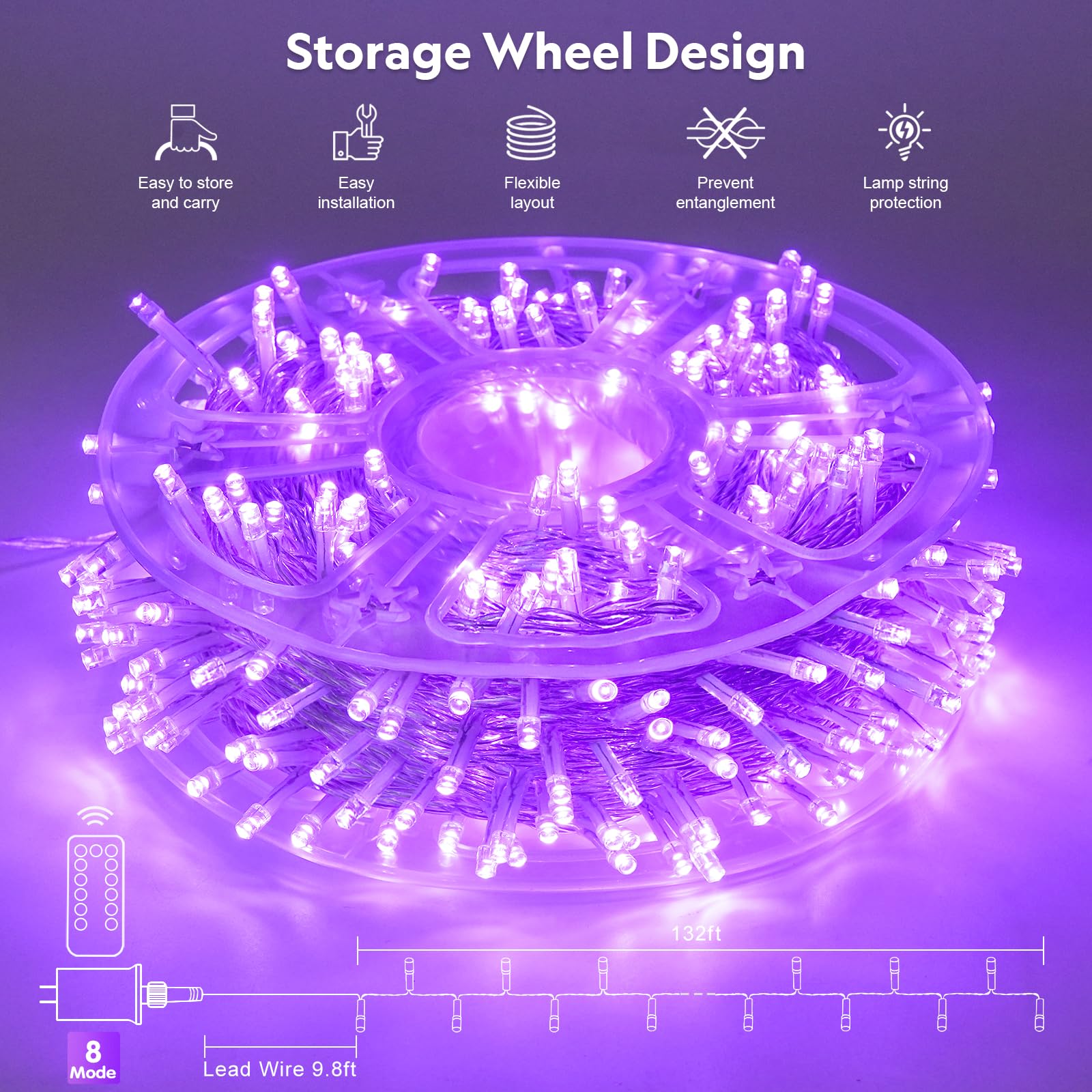 JMEXSUSS Purple LED String Lights, 132ft, 8 Modes, Waterproof, Model EXS-S-0400-R, Indoor/Outdoor Christmas Decor