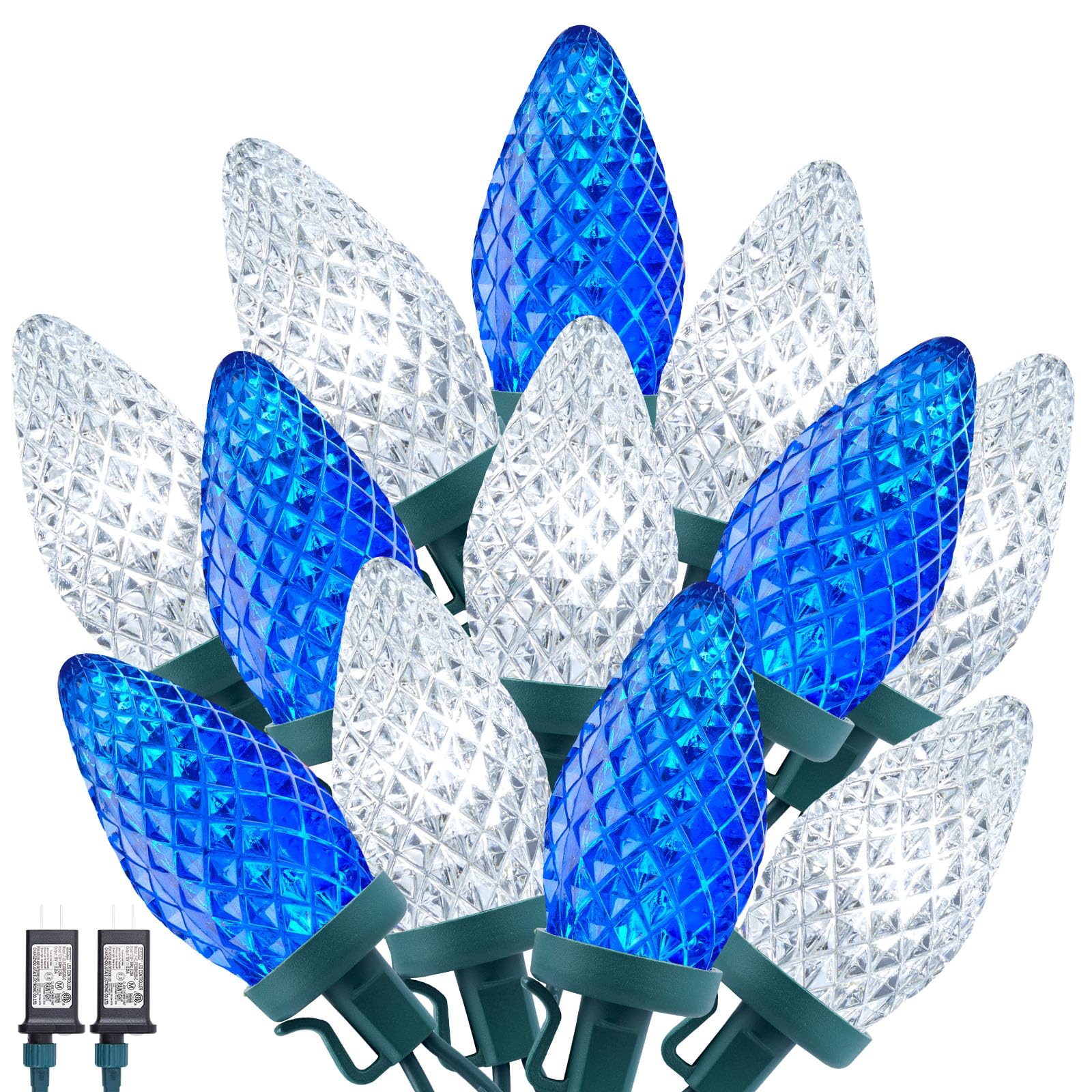 Minetom 2 Pack C9 LED Christmas String Lights 82ft 100 LEDs Blue and White with Timer, 8 Lighting Modes, Outdoor Holiday Decor