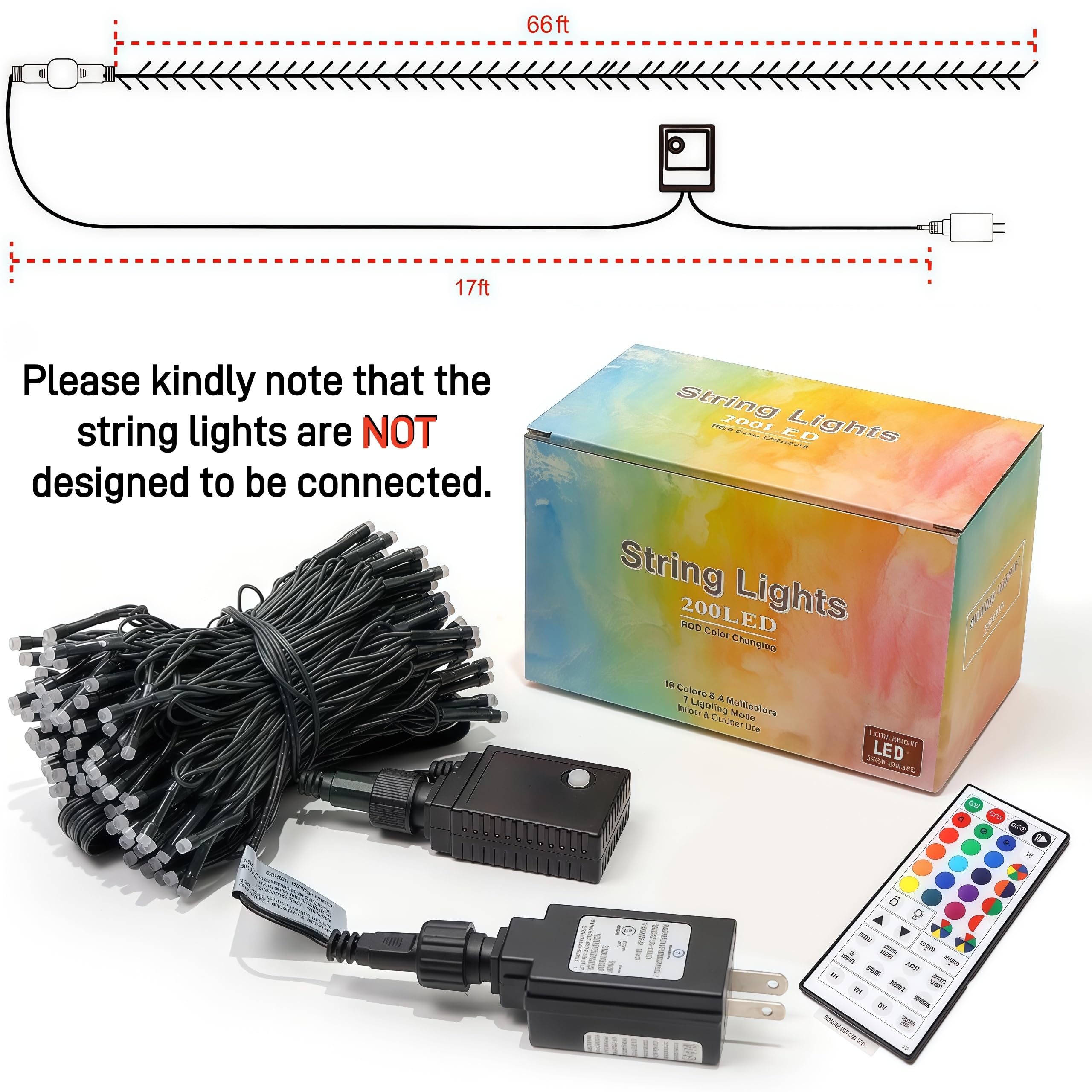 HOME LIGHTING 66ft LED Christmas Mini Lights, 200 RGB Colors, 7 Functions, Green Wire, Indoor/Outdoor Decor, Model HB-200COI