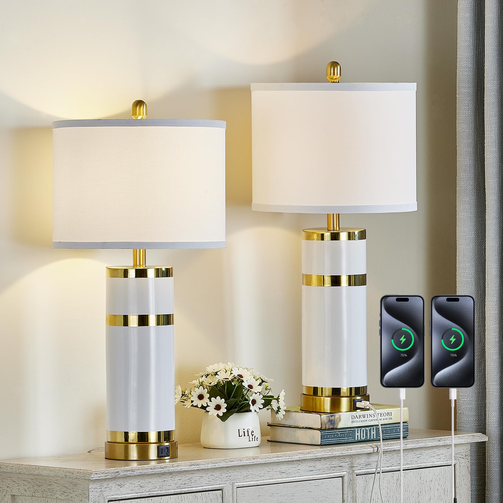 BLHDZJR Ceramic White Gold-Plated Decorative 28 Table Lamps Set of 2 with E26 Socket&Rotary Switch,USB A+C Ports,Modern Bedside 