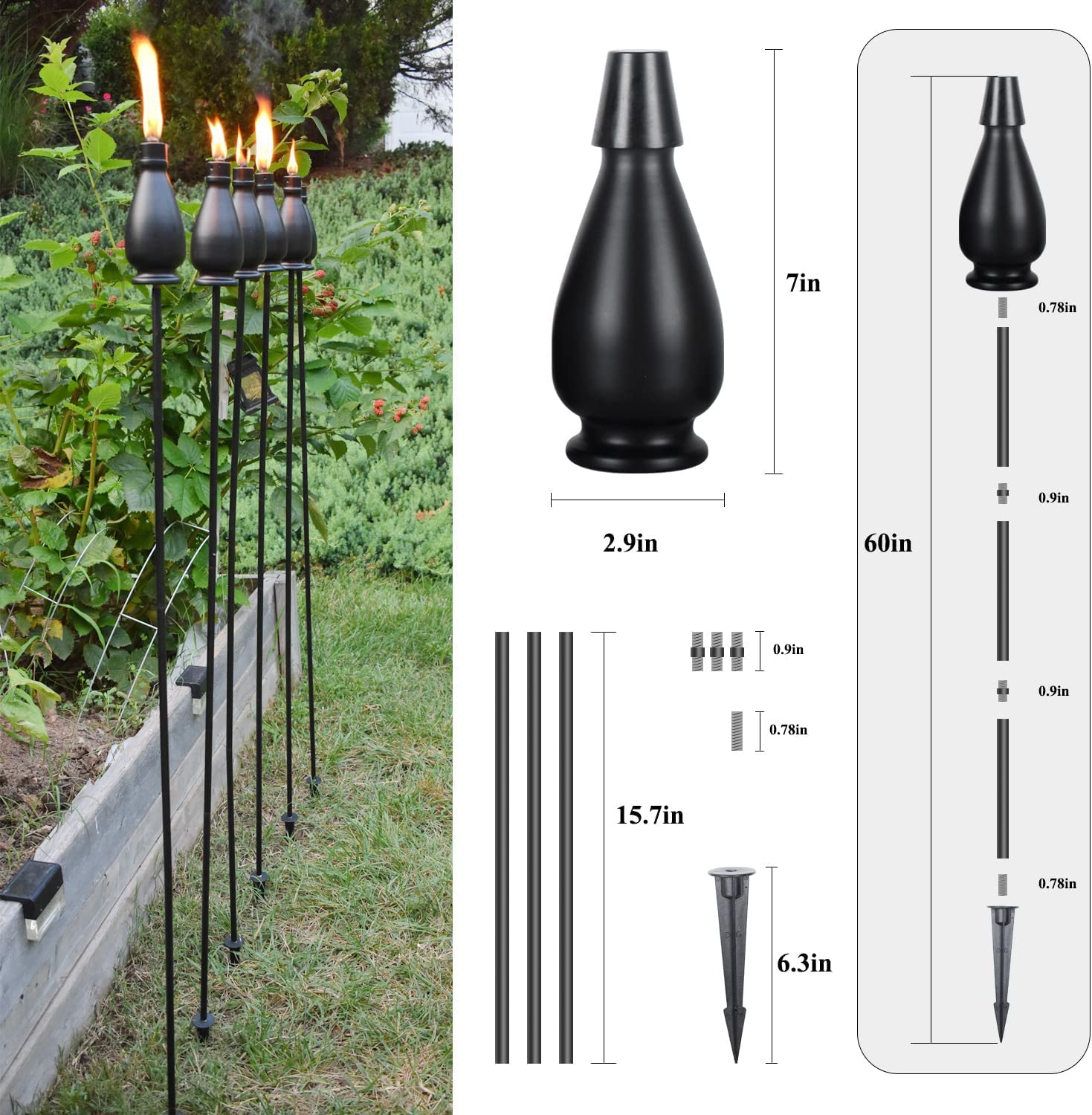 DIKAIDA Metal Citronella Torches, 6 Pack, 60 Inch Flickering Flame, Matte Black