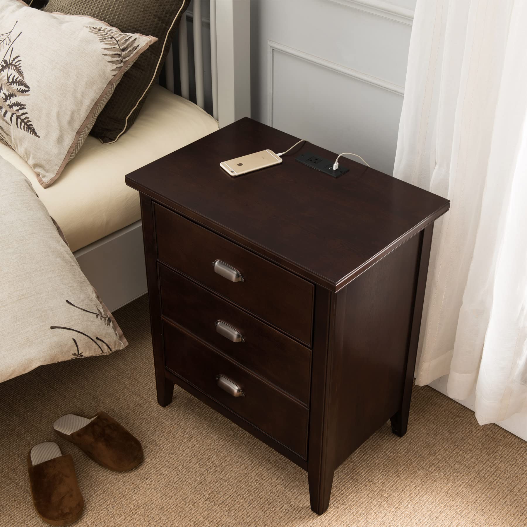 Leick Home Laurent Side Table Nightstand With Usb-C Charging Station, Solid Wood, Perfect For Bedrooms, Living Rooms, And Small