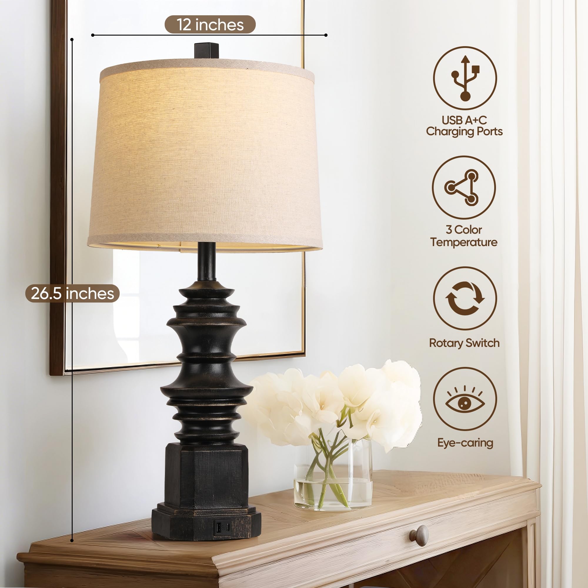 Qimh Table Lamps For Nightstand Set Of 2, Bedside Lamp With Usb A+C Charging Ports, Farmhouse Table Lamps With White Fabric Lamp