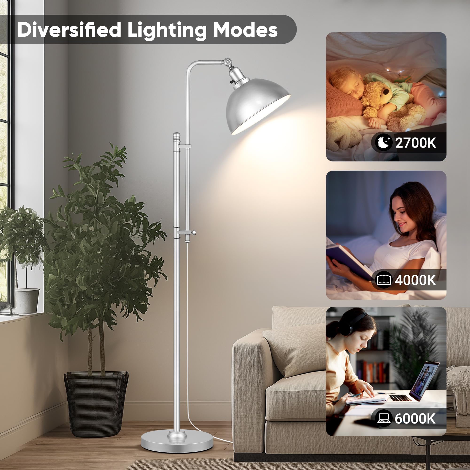 Partphoner Industrial Floor Lamp Adjustable, Farmhouse Reading Lamp In Silver Finish Modern Standing Lamp With Remote Control Me