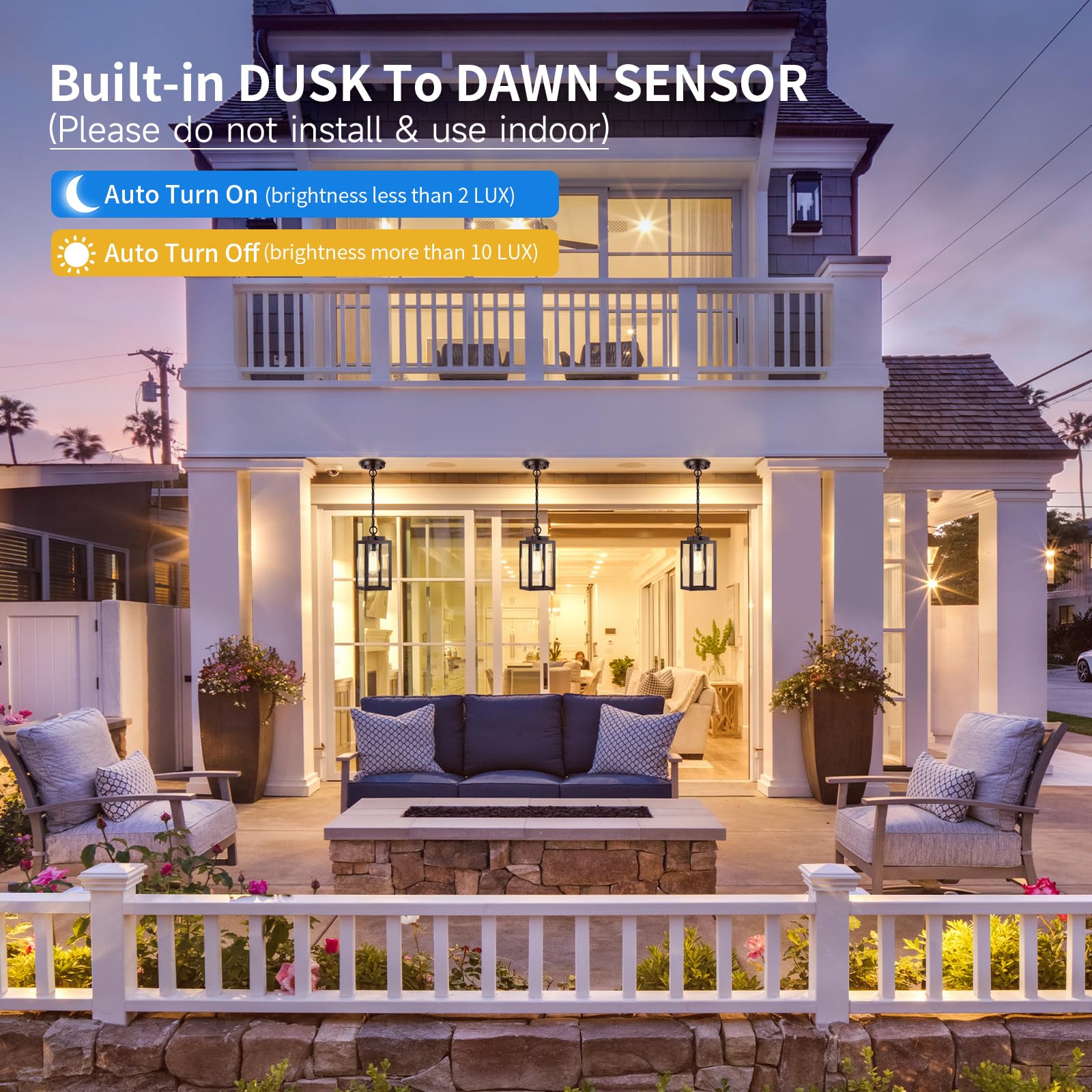 11'' Outdoor Pendant Light, Dusk To Dawn Modern Outside Chandelier Outdoor Hanging Lantern Light, Matte Brown With Clear Glass,