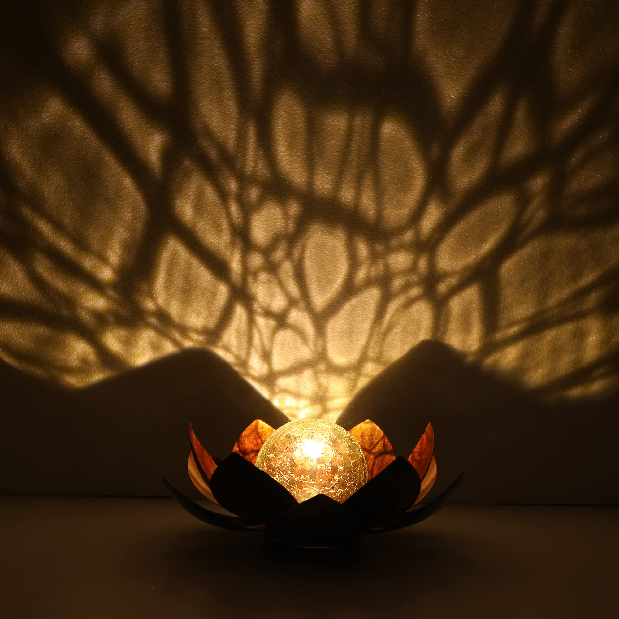 QZHP Outdoor Solar Lights,  le Glass Globe, Waterproof Metal Lotus, Copper, Model HP001