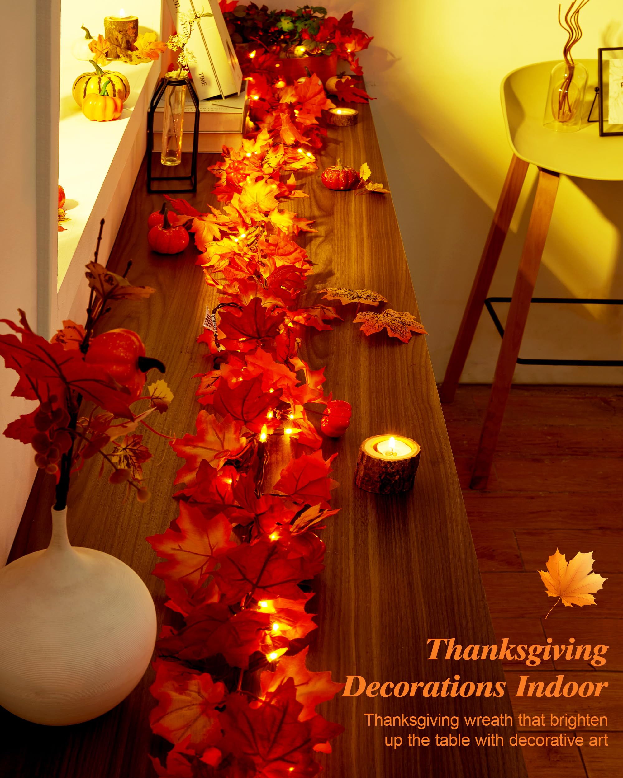 Vcoken 11Ft Fall Garland With Lights, Plug In Fall Lights 50 Bulbs Connectable Maple Leaves Lights With Pumpkin, Fall Decor Lights For Outdoor Indoor Halloween Thanksgiving Holidays