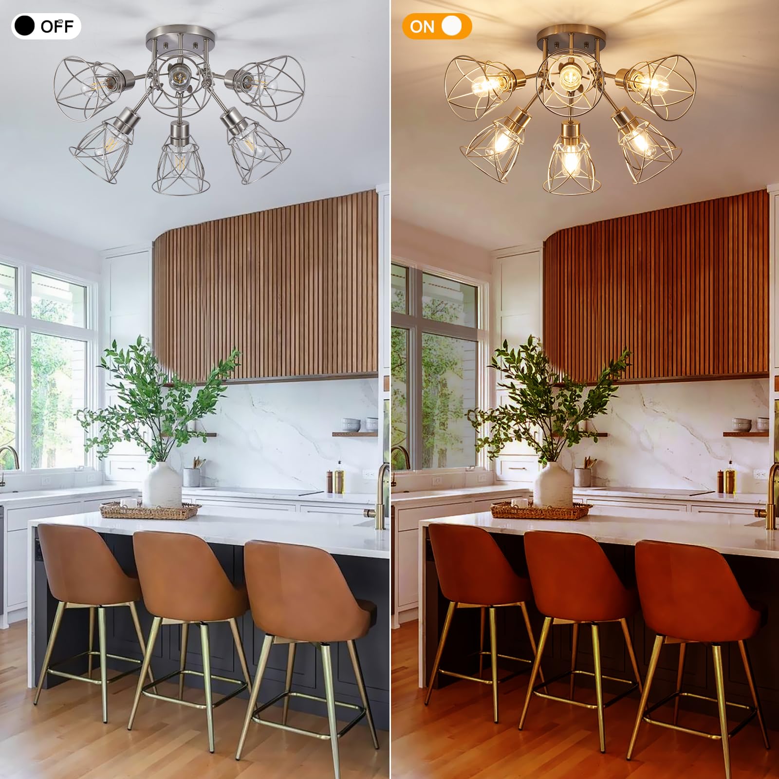 Hdasic 6-Light Farmhouse Flush Mount Ceiling Light Fixture, Industrial Large 6-Bulb Brushed Nikcel Kitchen Lighting Fixtures Cei