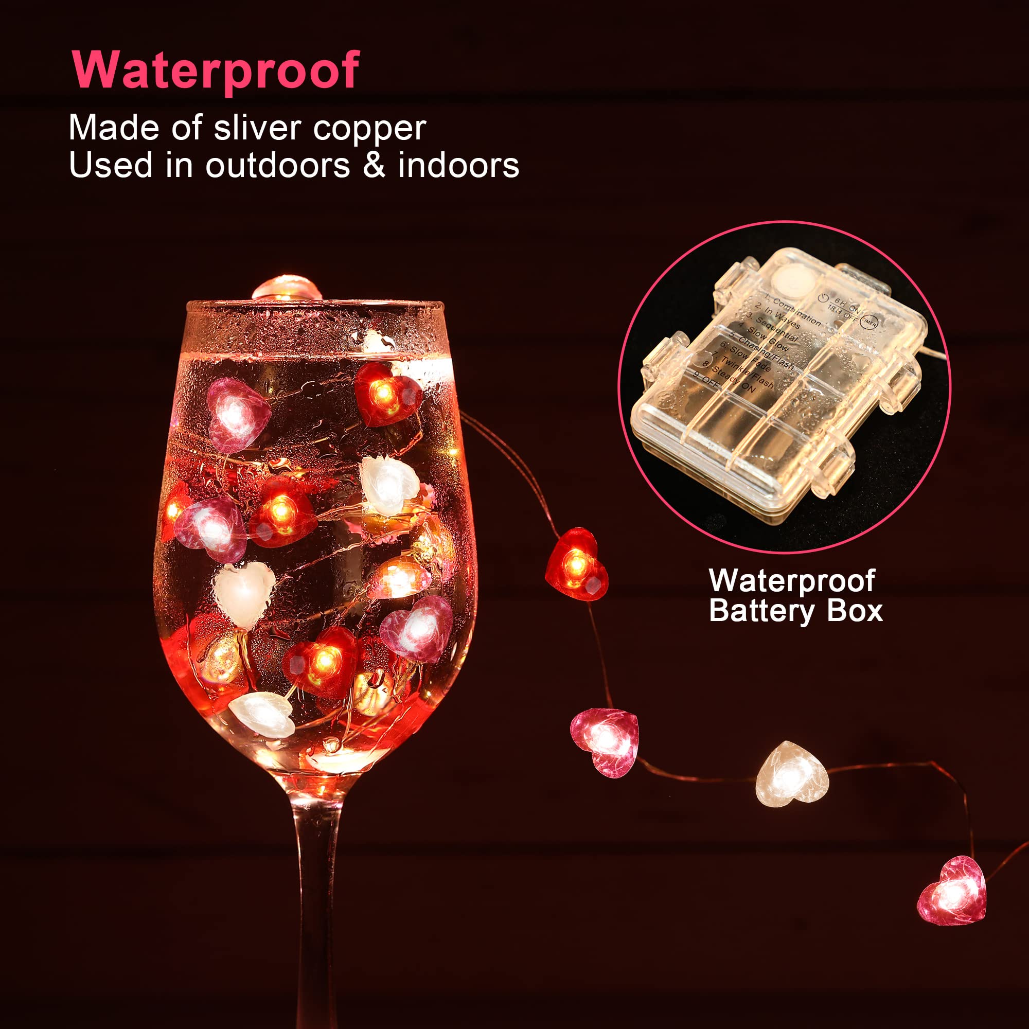 Hiboom Fairy String Lights 10ft LED Heart Shaped Red Pink White, Battery Operated, 8 Modes, Timer, Indoor Decor for Valentine's Day