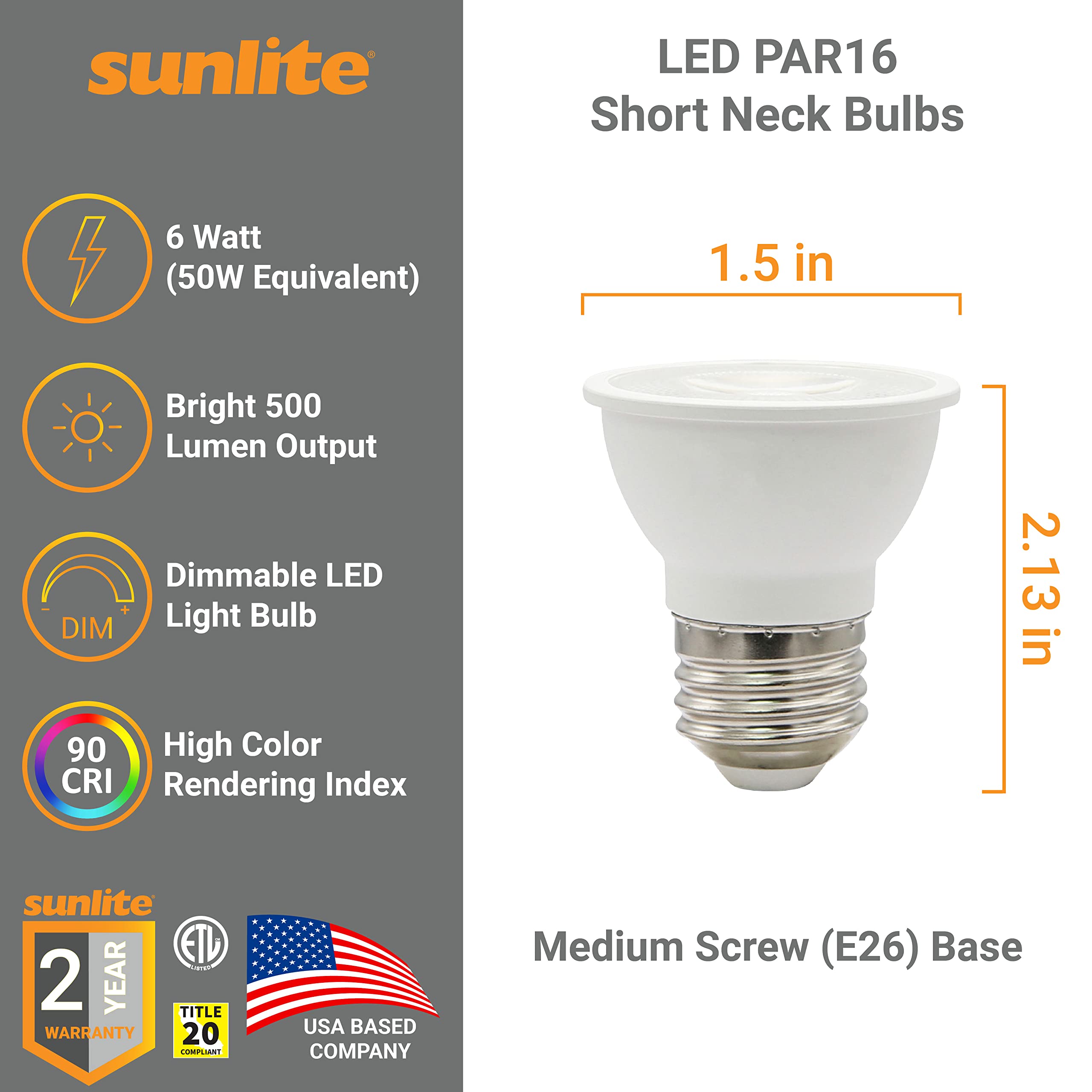 Sunlite LED PAR16 Flood Light Bulb 6W (50W Halogen Replacement) 500 Lumens, Dimmable, 90 CRI, 4000K Cool White,