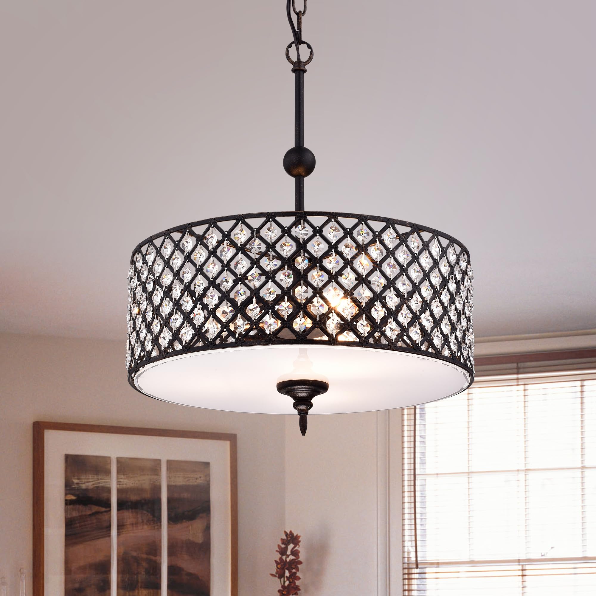 Warehouse Of Tiffany Imp52E/3Ac Mahav Antique Copper 3-Light Crystals Chandelier, 15.75&quot; L X 15.75&quot; W X 56.69&quot; H