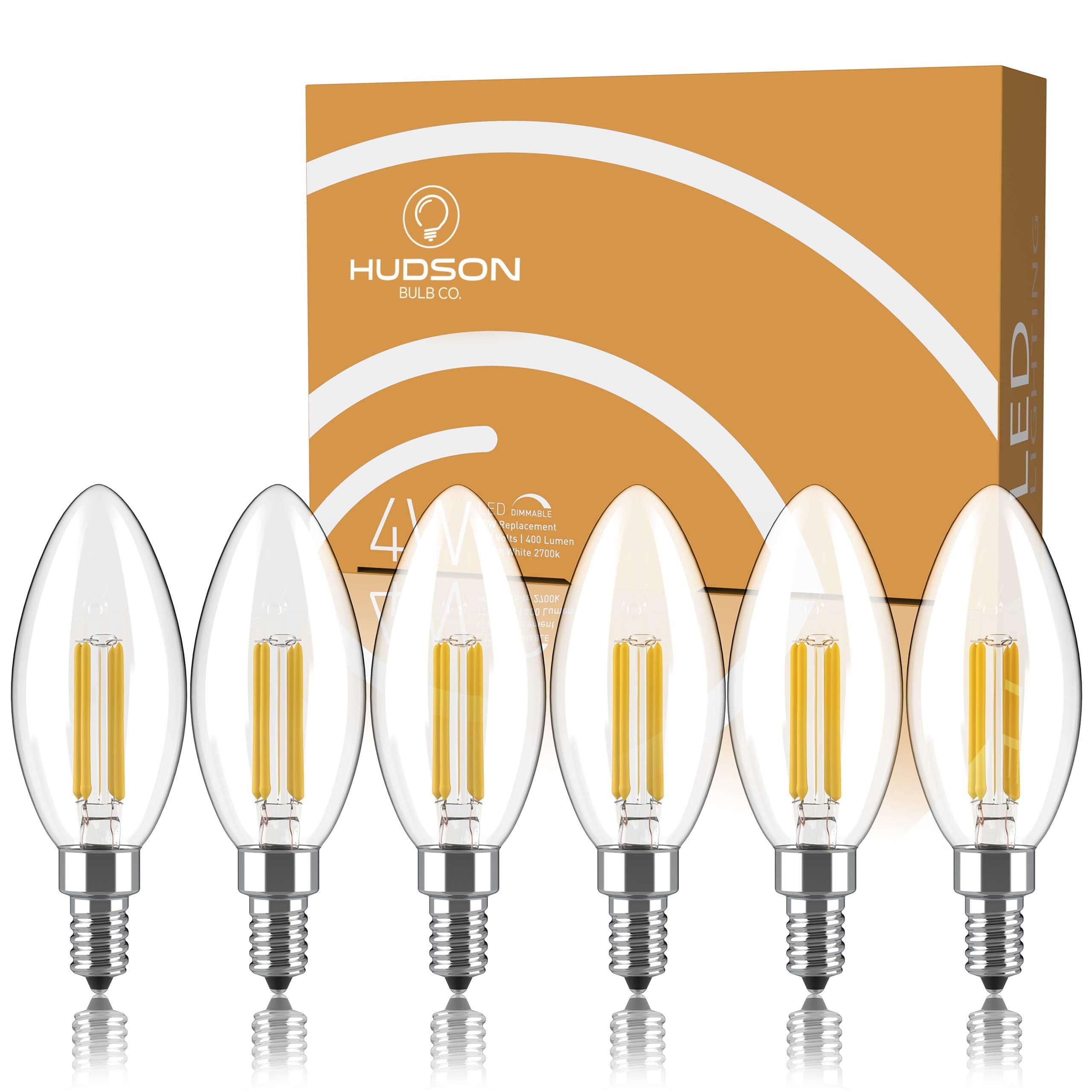 Hudson Bulb Co. Dimmable E12 Led Candelabra Bulb Set - 4W, 2700K Warm Light - 6 Count, Vintage Style For Chandelier And S