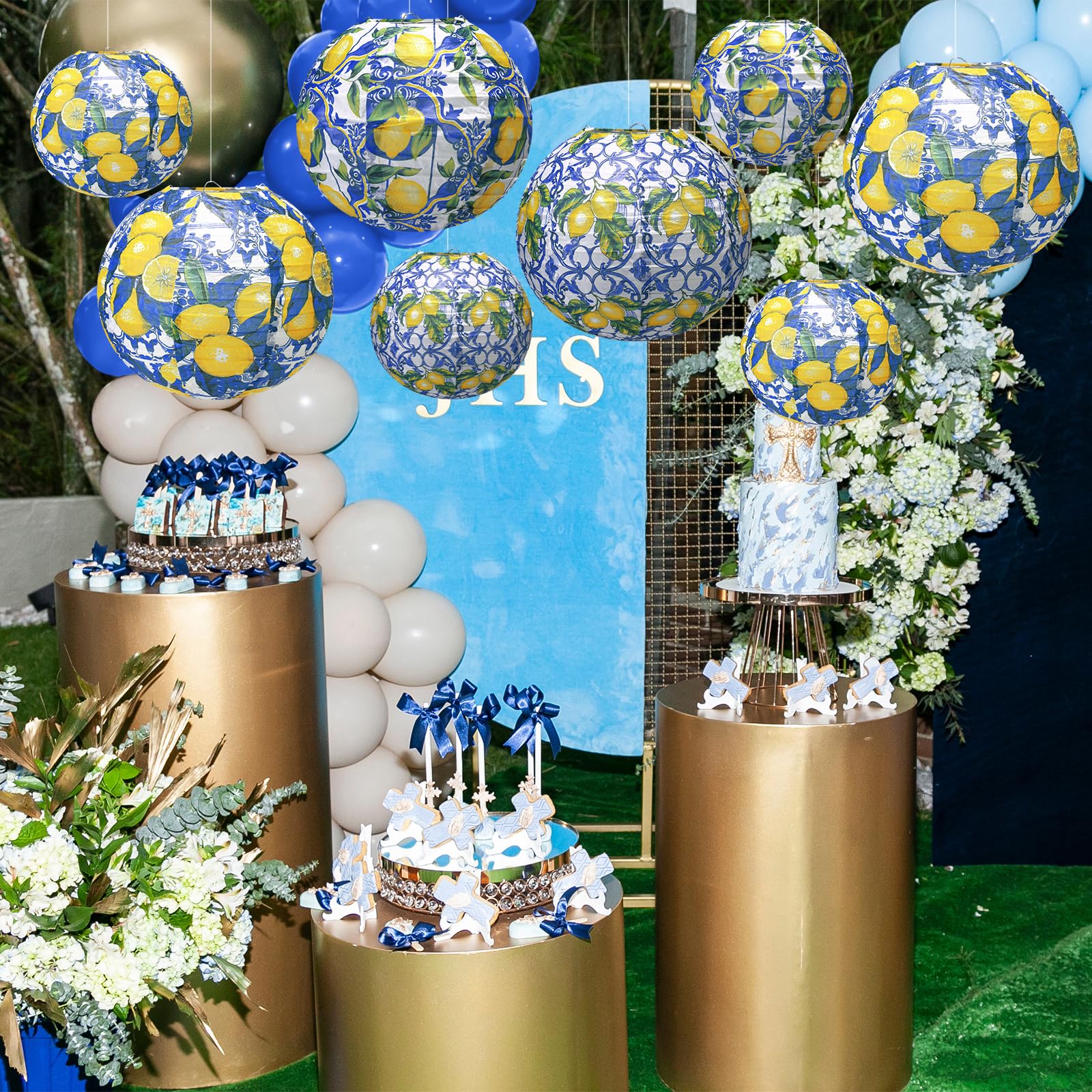 MotiMind Amalfi Coast Paper Lantern Kit - 10 Pcs Lemon Yellow, Blue & Ivory Cream Decorations for Wedding, Baby Shower, Birthday Parties