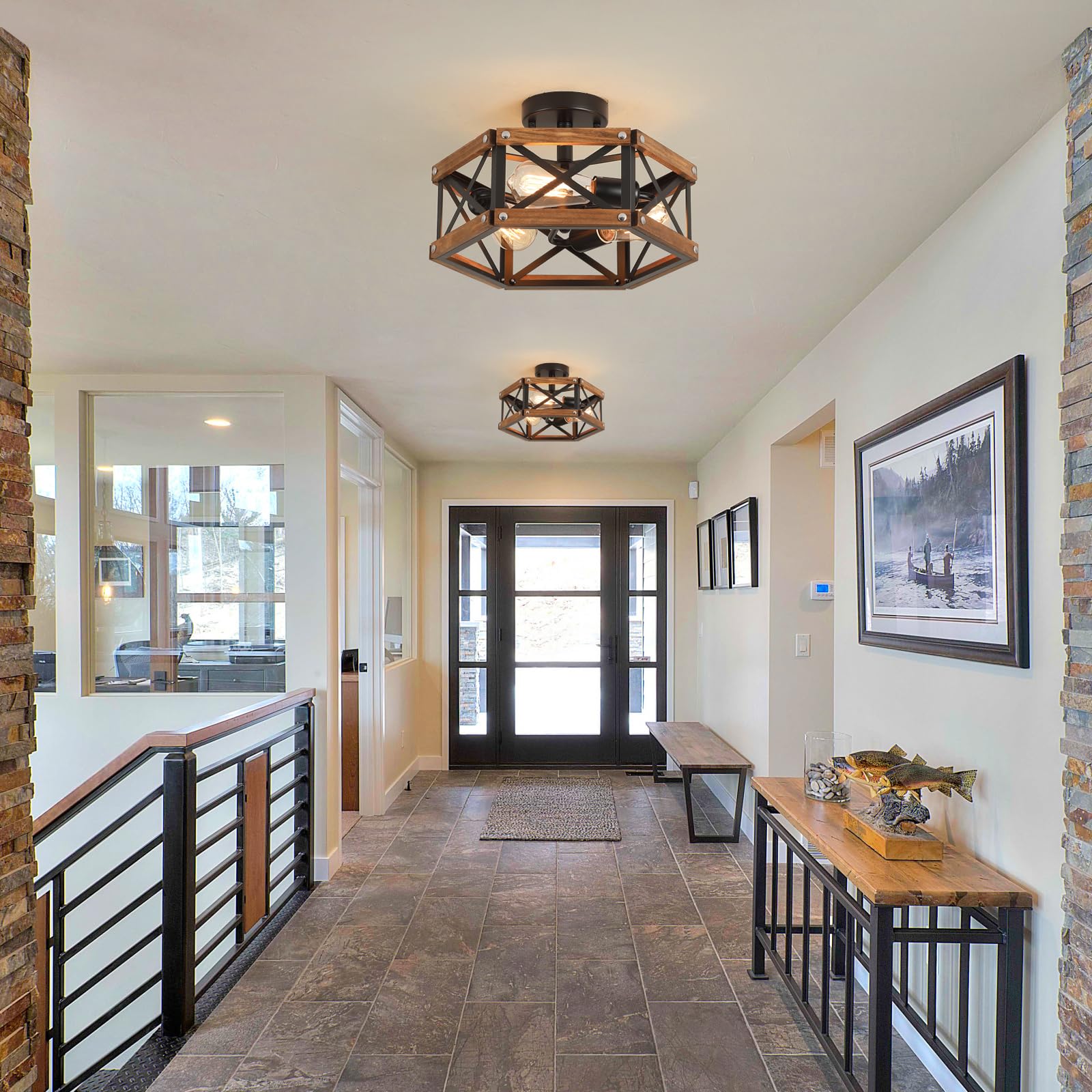 3-Light Rustic Farmhouse Wood Flush Mount Ceiling Light Fixture 14.5 Inch Oak Wood And Metal Hexagon Cage Semi Flush Mount Ceili
