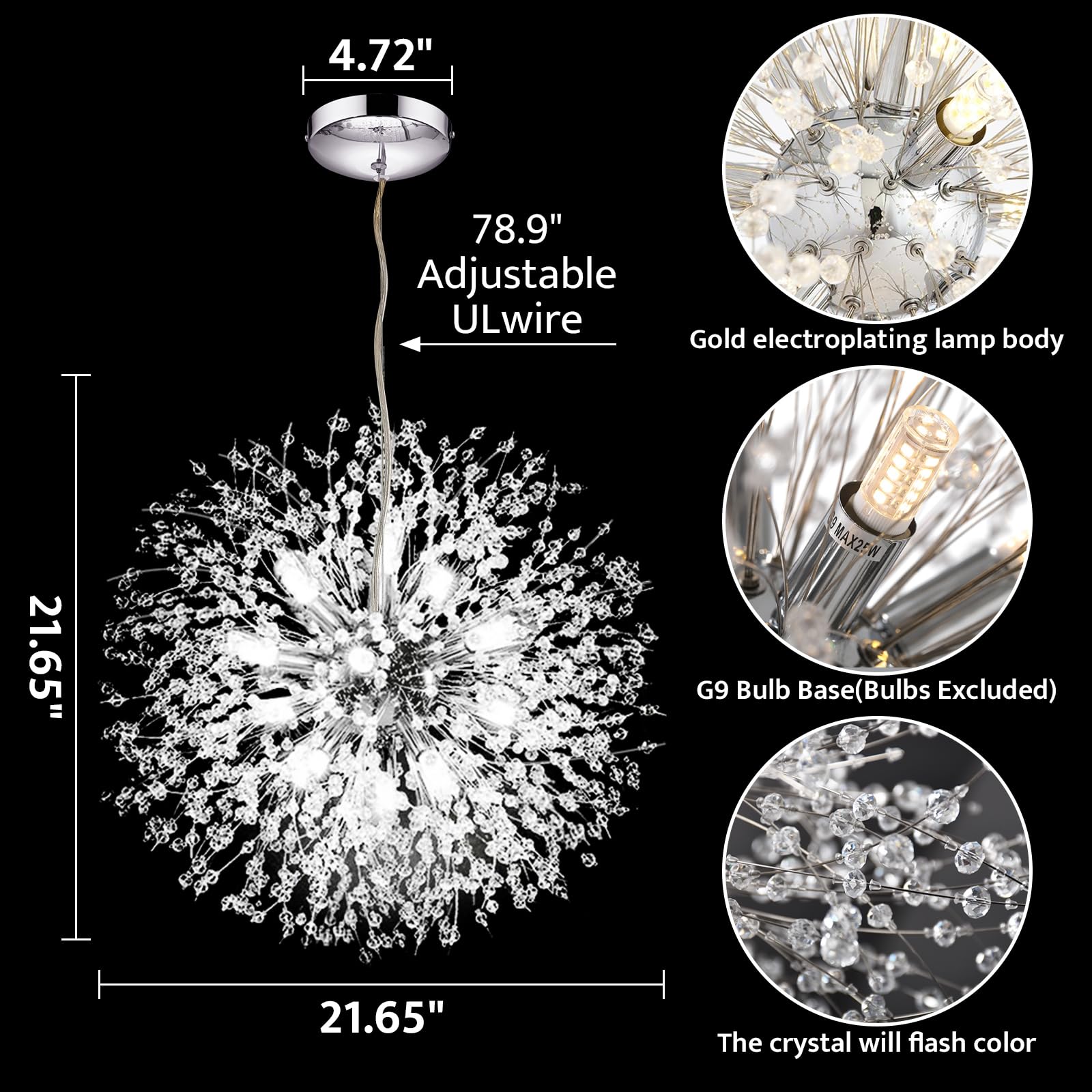 Goomavi 12-Light Modern Chrome Crystal Sputnik Chandelier Pendant Lighting for Dining Room, Living Room, Bedroom, Kitchen, Restaurant
