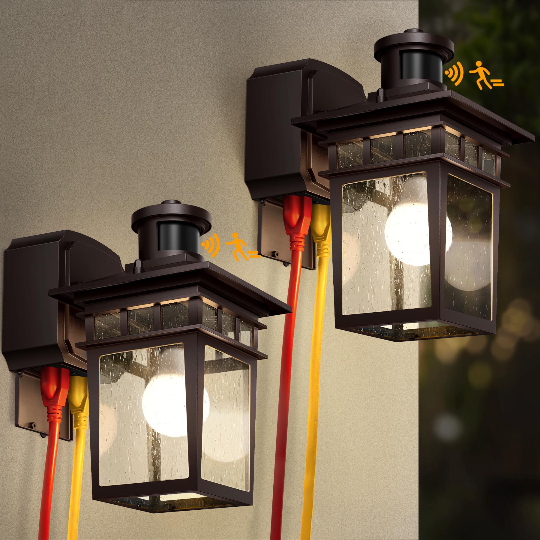 APOTO 2 Pack Porch Lights with GFCI Outlet,Bronze Dusk to Dawn Motion Sensor Outdoor Light,3-Mode Wall Exterior Lighting Fixture