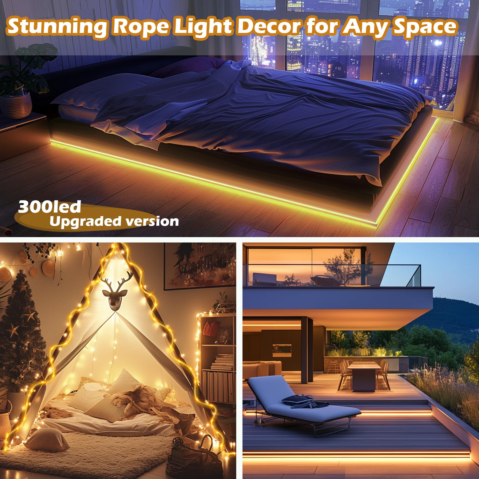 Lairtpow 98Ft Waterproof 300Leds Solar Rope Lights, Type C Charging, Remote-Controlled, For Outdoor Pathway Pool Patio Party Gar