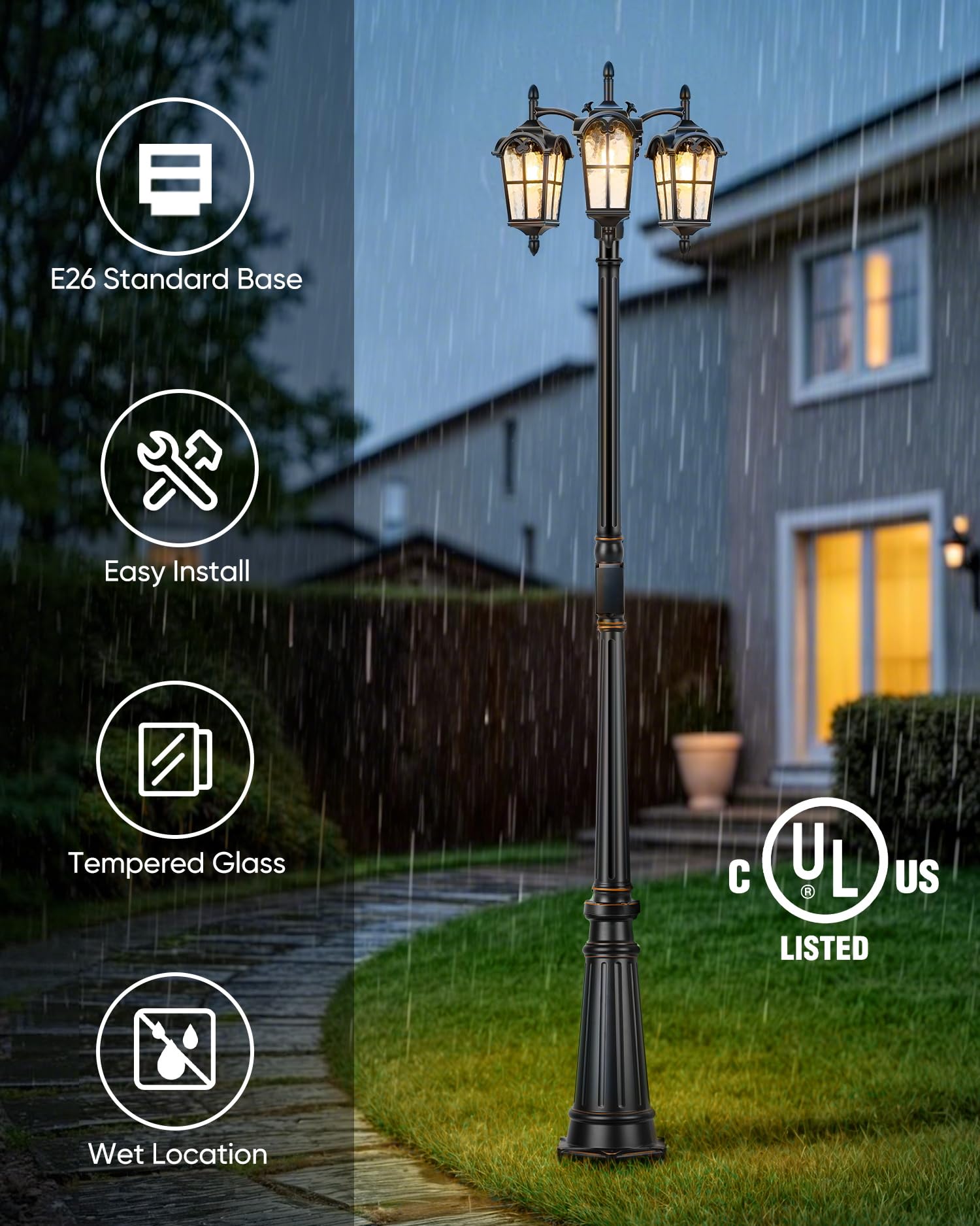 PARTPHONER Vintage Dusk to Dawn Outdoor Lamp Post, Triple Head, Waterproof, Black with Gold Trim, Model PAPO080AB1