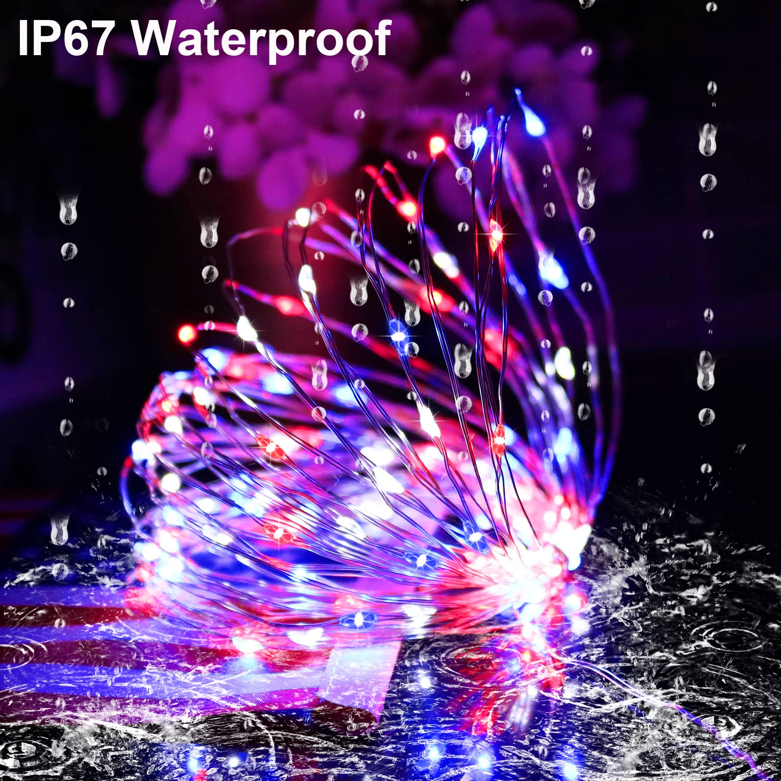 4Th Of July Patriotic Decorations Solar String Lights Outdoor Waterproof-Red White And Blue Lights,2Pack Each 100Led 33Ft,Ip67 W