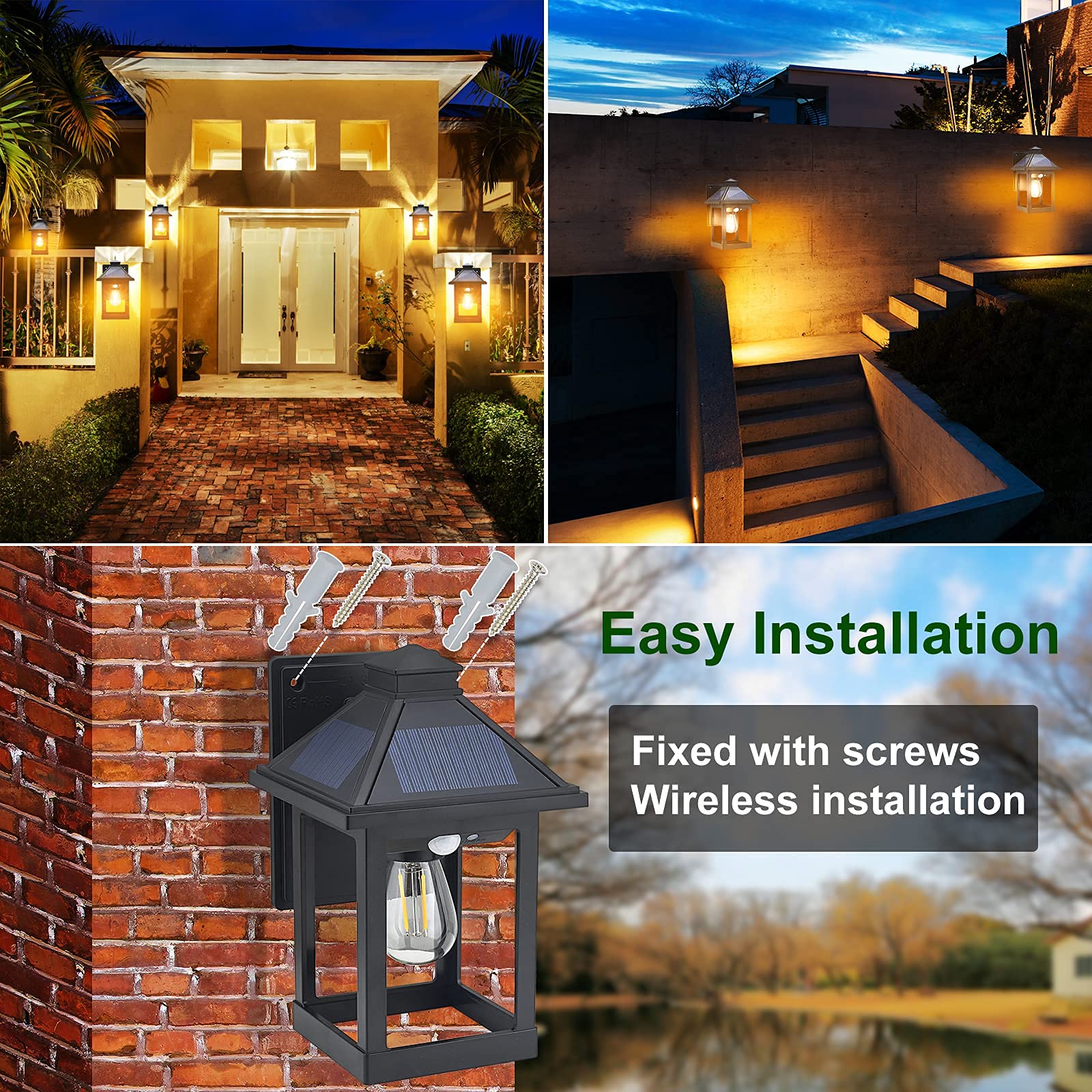 CYHKEE Solar Wall Lanterns - 2 Pack LED Sconce Lights, Dusk to Dawn, Motion Sensor, IP65 Waterproof, Black, Model XHY-2203