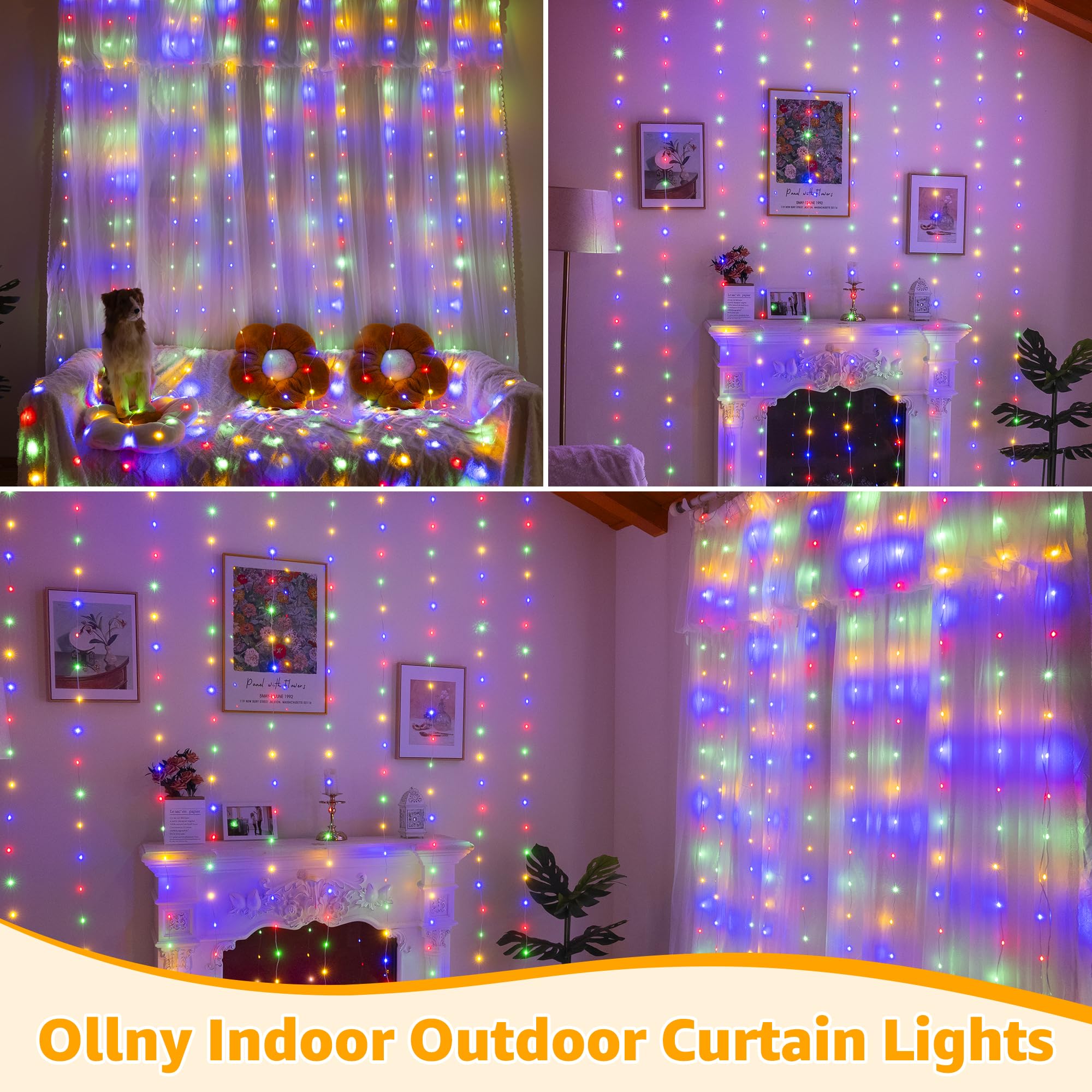 Ollny Curtain Lights 600Led 19.7Ft X 9.8Ft  Ip67 Waterproof Outdoor Curtain Rice Lights With Remote  Plug-In Untangle Fairy Light With 8 Modes 3 Timers For Wall Waterfall Backdrop Decor(Multicolored)