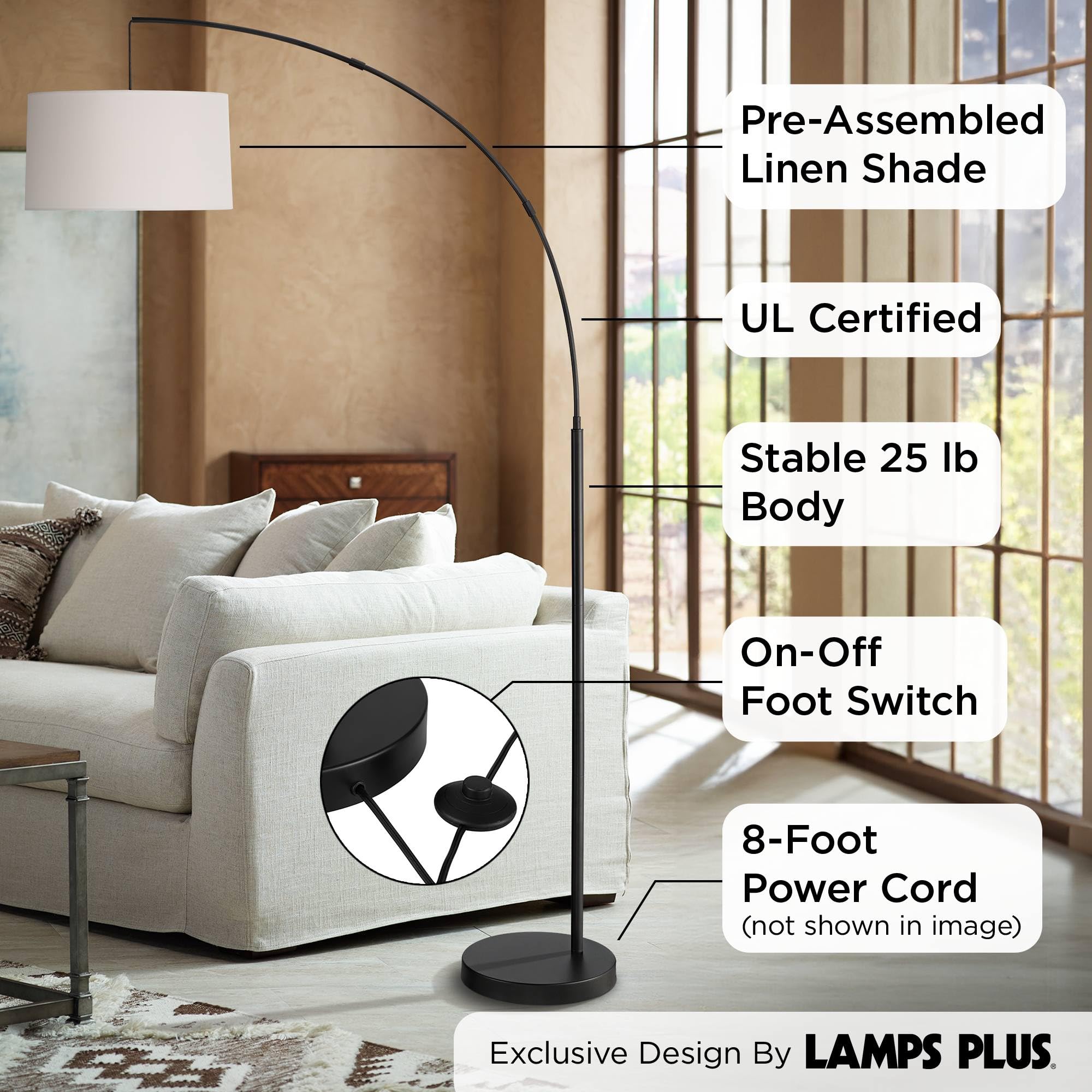 360 Lighting Cora Arc Floor Lamp, 72in Tall, Black Metal, White Linen Shade, Modern Decor for Living Room, Bedroom, Home Office