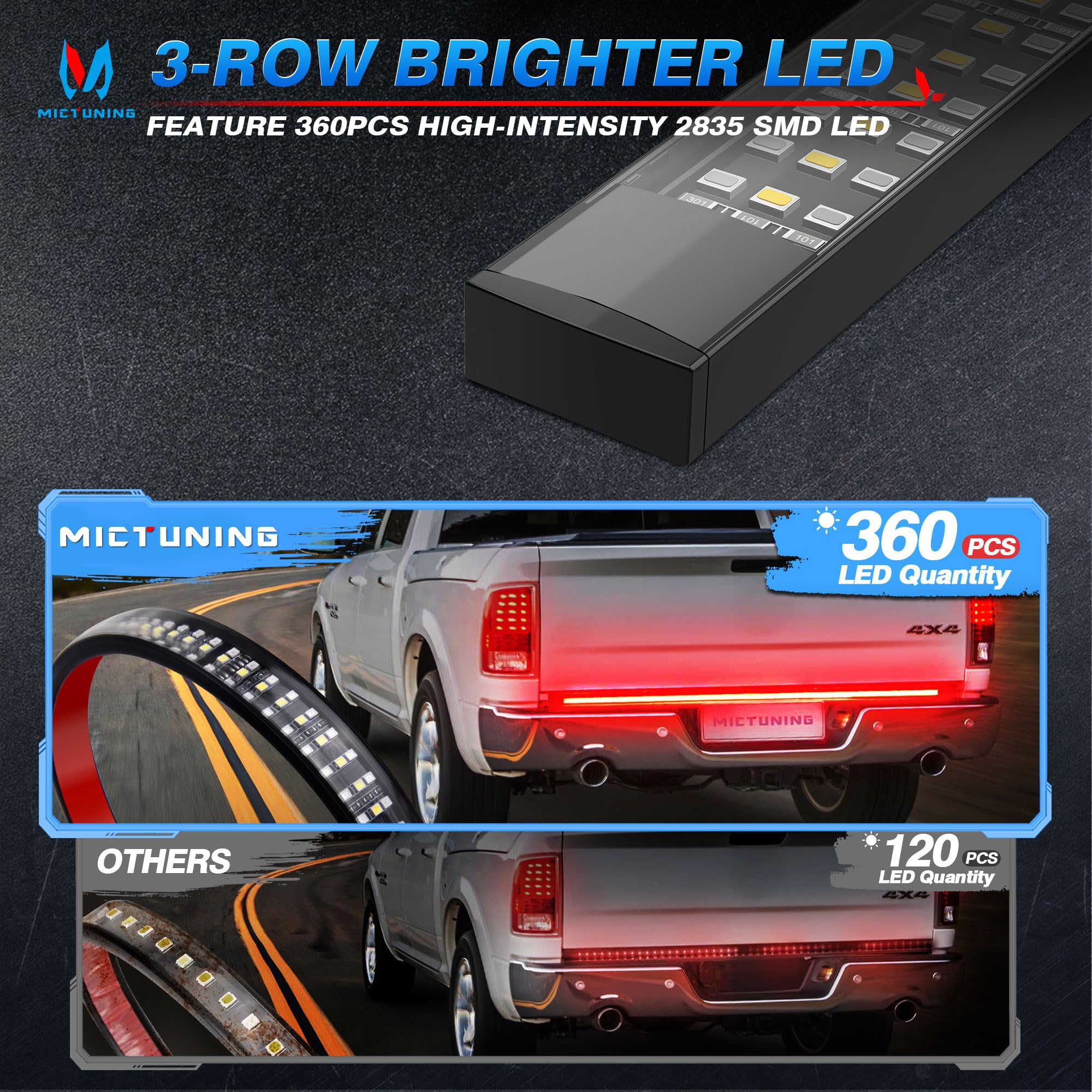 MICTUNING 48" Truck Tailgate Light Strip - Red LED, IP67 Waterproof, Sequential Turn Signal, Strobe & White Reverse Lighting