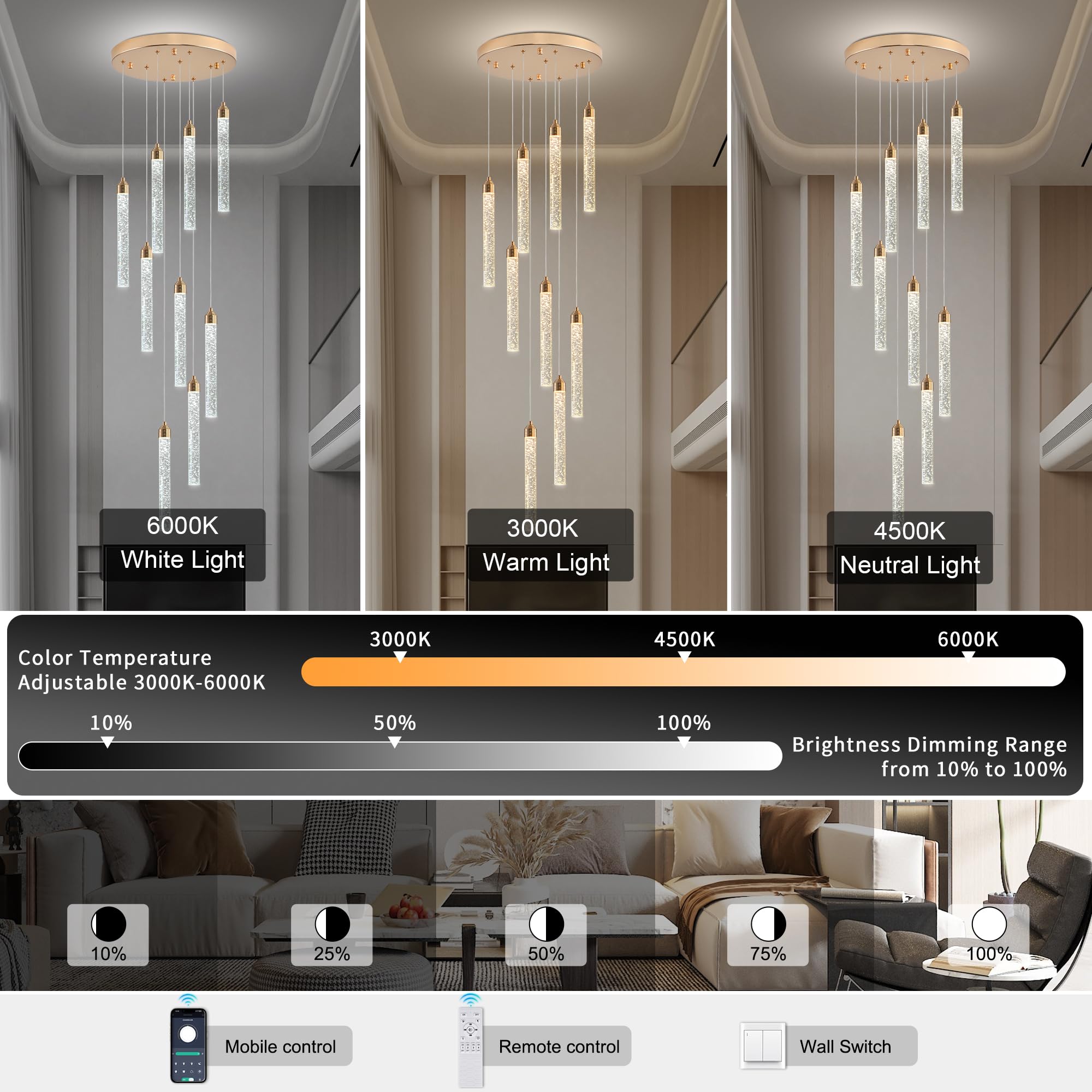 YwueChwu 9-Light Crystal Chandelier, Gold Aluminum, Dimmable LED, Model YWSC-G09-0116, Modern Spiral Design for Foyer Living Room