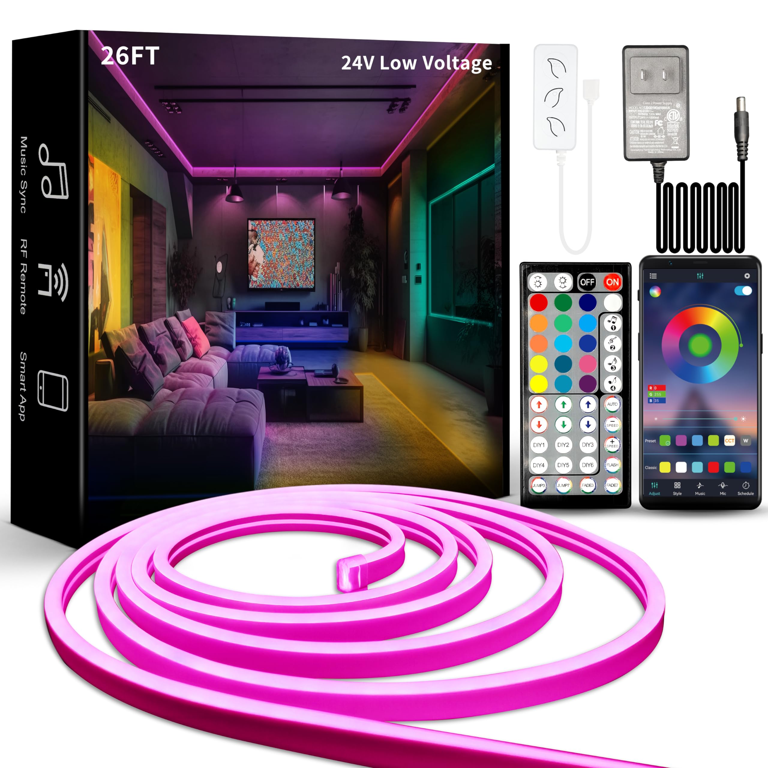 BUNACET 26FT LED Neon Rope Lights, RGB Strips Light with Remote & APP Control,Flexible IP65 Waterproof Outdoor, Music Sync,DIY D