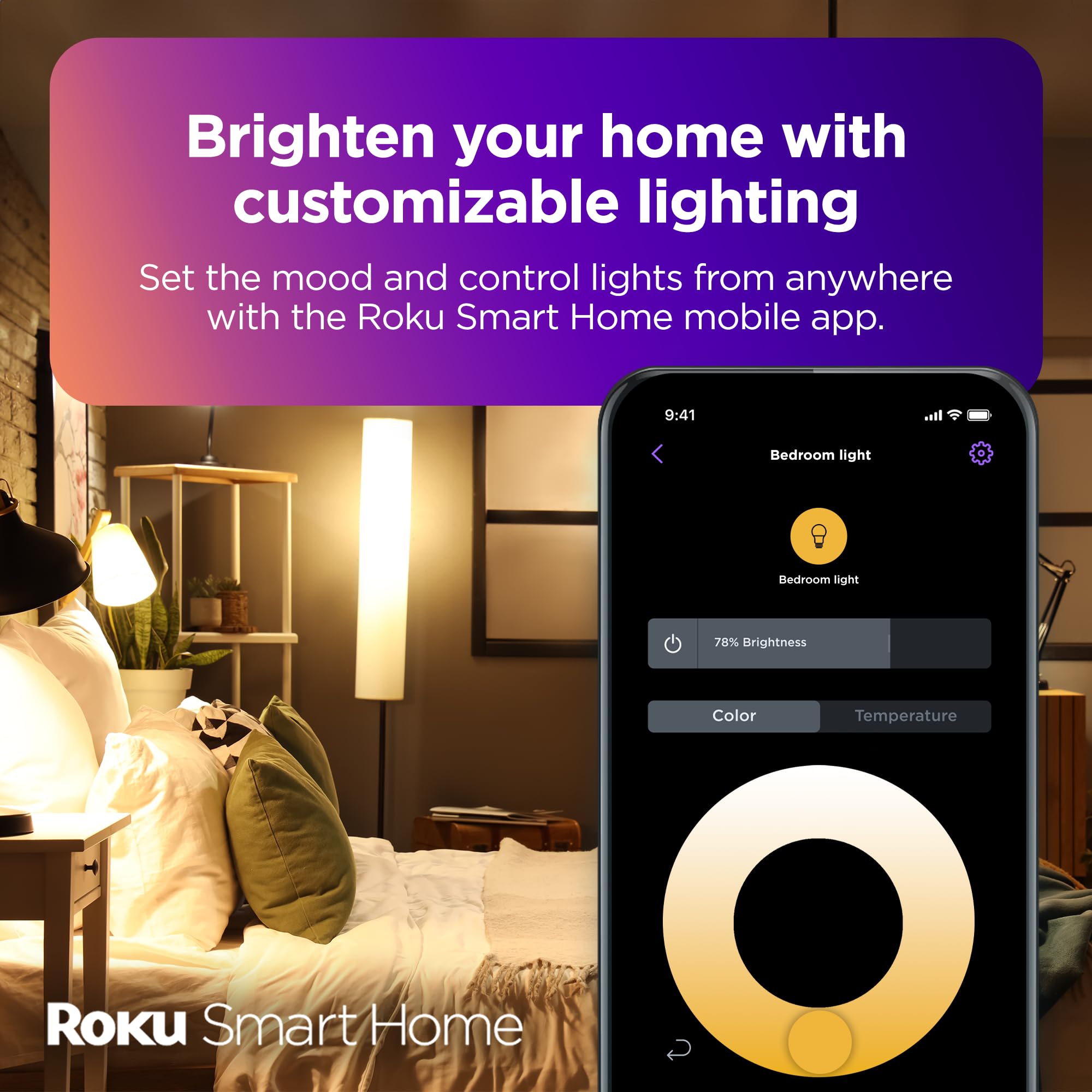 Roku Smart Light Bulbs (White, 4-Pack) - Dimmable A19 Lightbulbs With Adjustable Brightness & Temperature - Wifi Smart Bulbs Works Voice, Alexa & Google Assistant, No Hub Required
