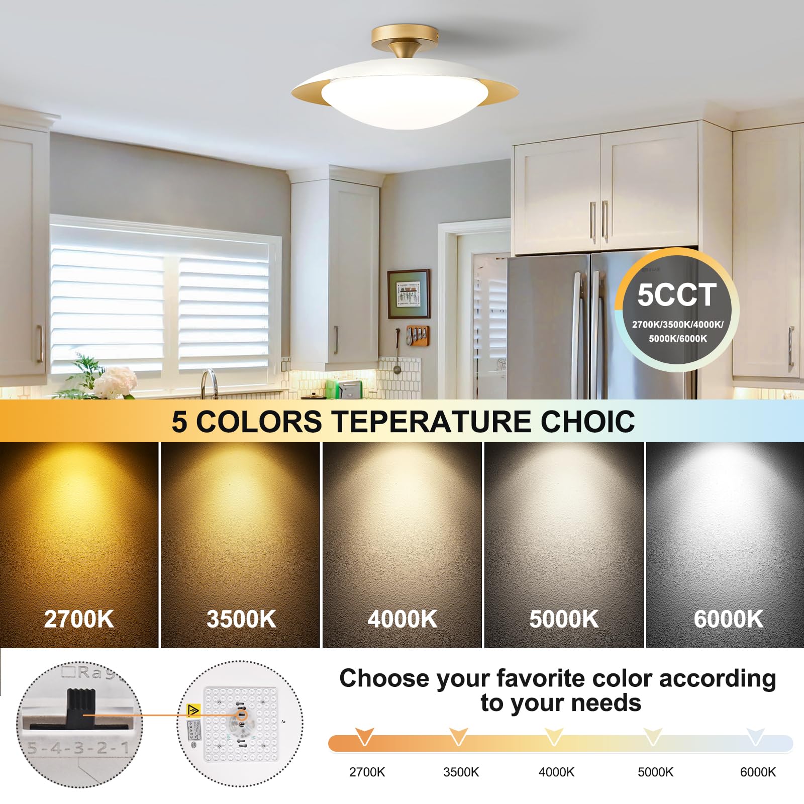 Zuyurt Dimmable Mid Century Modern Ceiling Light 5Cct Led White And Gold Semi Flush Mount Ceiling Lighting  For Kitchen Bedroom Hallway Bathroom 2700K-6000K 15.75 In