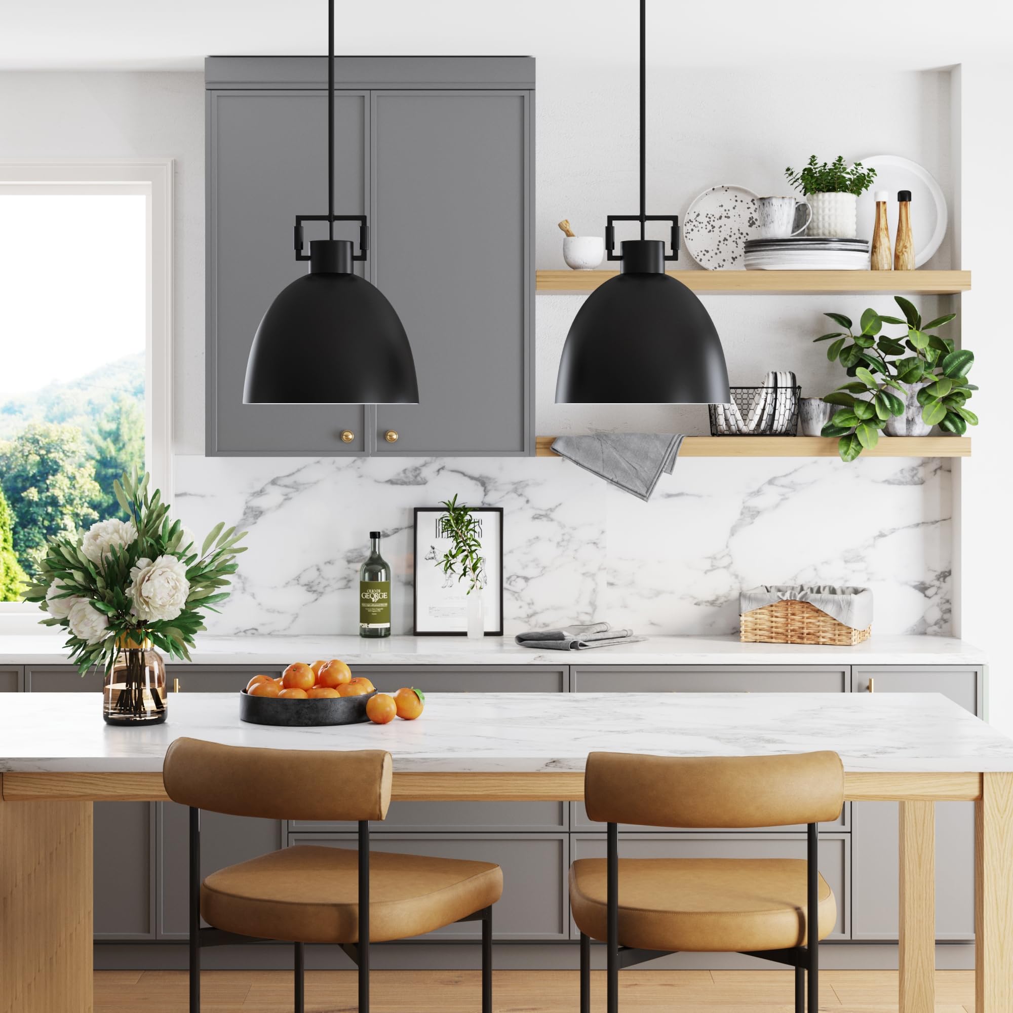Nathan James Leigh Pendant Light Set of 2, Matte Black Metal, Adjustable Cord, for Kitchen Island or Entryway, Model 12206-2