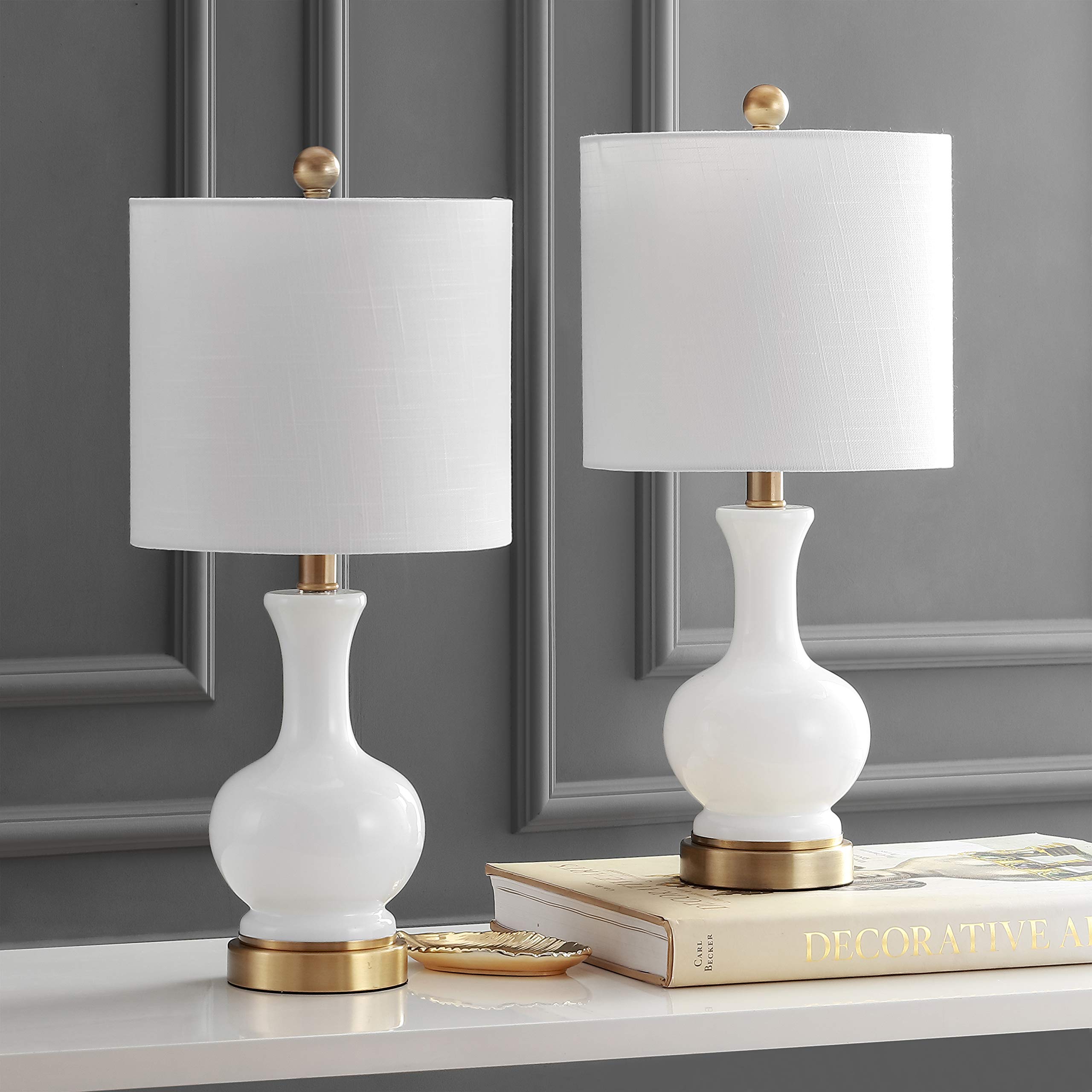 JONATHAN Y 22in Glass/Metal LED Table Lamps Set of 2, Contemporary Nightstand Lamps, White/Brass Gold, Model JYL4033A-SET2