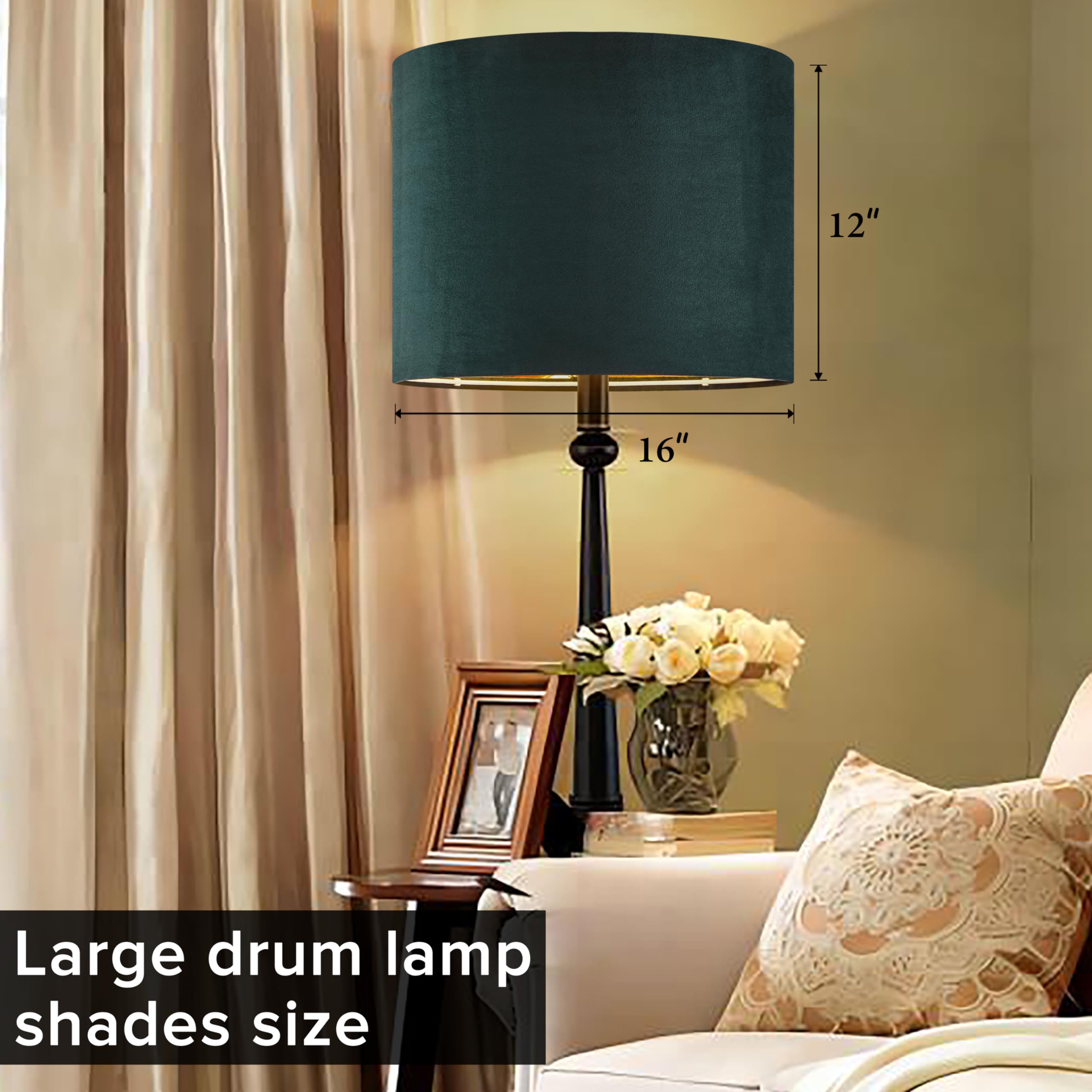 GO&SO Green Velvet Drum Lamp Shade - 16" x 12" Modern Design, Ideal for Table & Floor Lamps, Replacement Shade, Model G7-16-LV-1
