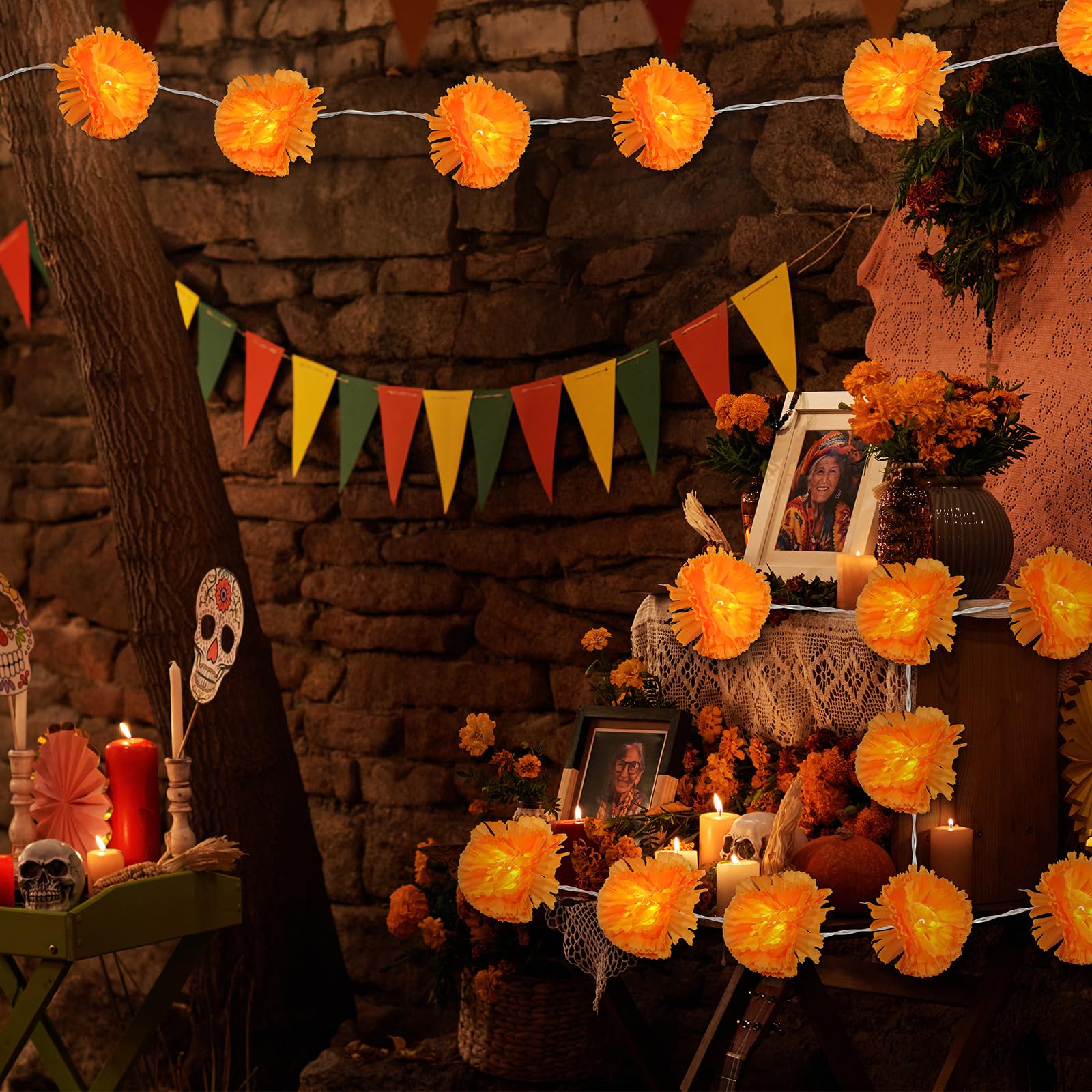 6 Pack Day Of The Dead Lighted Marigold Garland 10 Led Artificial Marigold Flowers String Lights Dia De Los Muertos Decorations For Halloween Diwali Indian Party (6  5 Ft 10 Led)