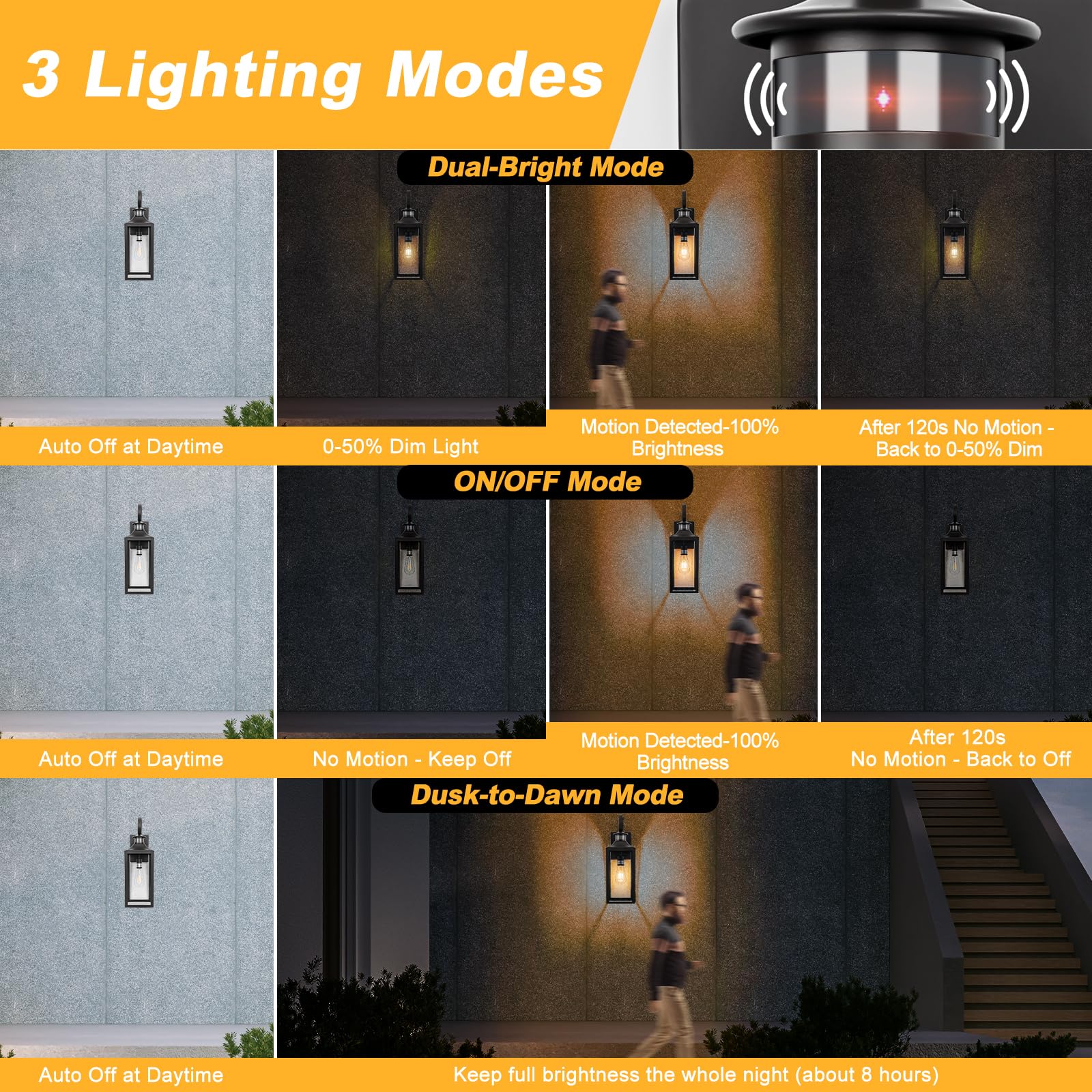 Yolsunes Motion Sensor Outdoor Wall Lights, Black, 2 Pack, Waterproof, 16" Modern Porch Lanterns with Dusk to Dawn Feature