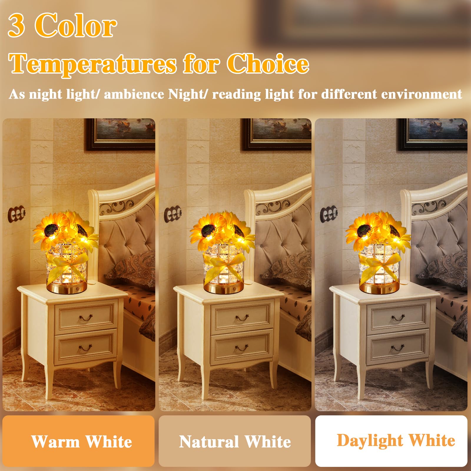 Valentine'S Day Gifts Birthday Gift For Women/Mom Crystal Flower Lamps,3 Color Bedside Lamps Infinitely Dimming With Usb Charge