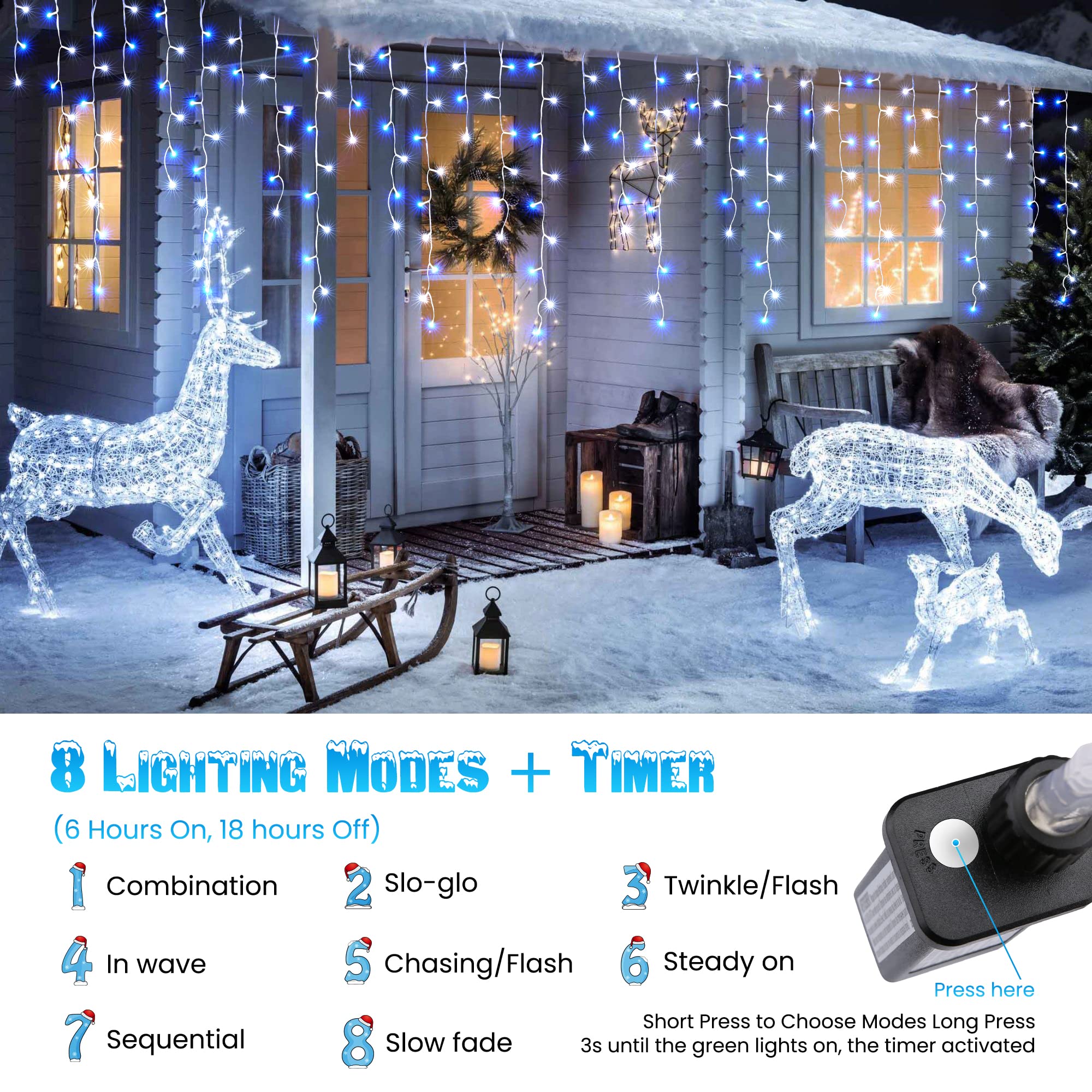 Toodour White & Blue Christmas Icicle Lights, 29.5Ft 360 Led Icicle Lights, 8 Modes, 60 Drops, Window Curtain Led Christmas Lights, Icicle Twinkle Lights For Eaves, Party, Wedding, Christmas Decors