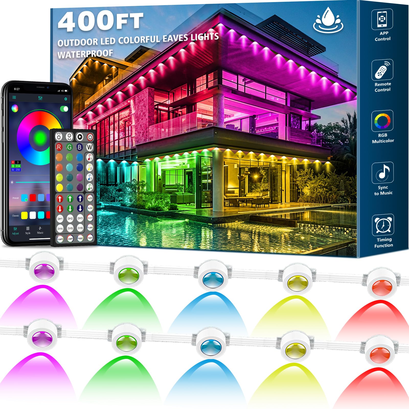 SINLEY 400FT Permanent Outdoor Lights,RGB Eaves Lights with App Control Remote,DIY Scene Modes IP67 Waterproof Outdoor Under Eav
