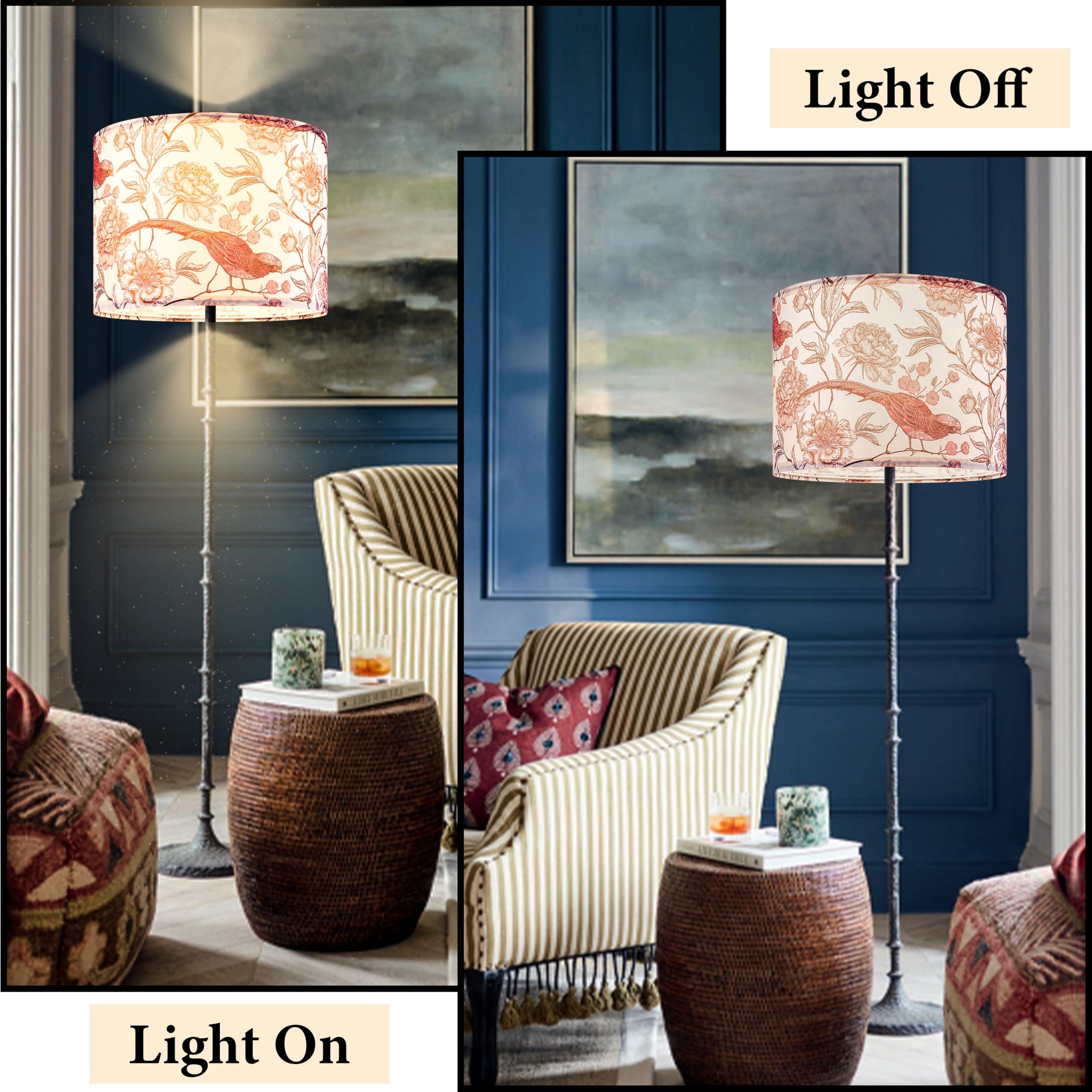 Go&So 1 Pack Floral Bird Large Drum Lamp Shade 1.65Spider E27 Base 16 X16 X12 Printed Pattern Design Diy Assembly With Multi-Adapter (E26/E14/10Mm) Ideal For Floor/Table Lamps/Pendant Lighting