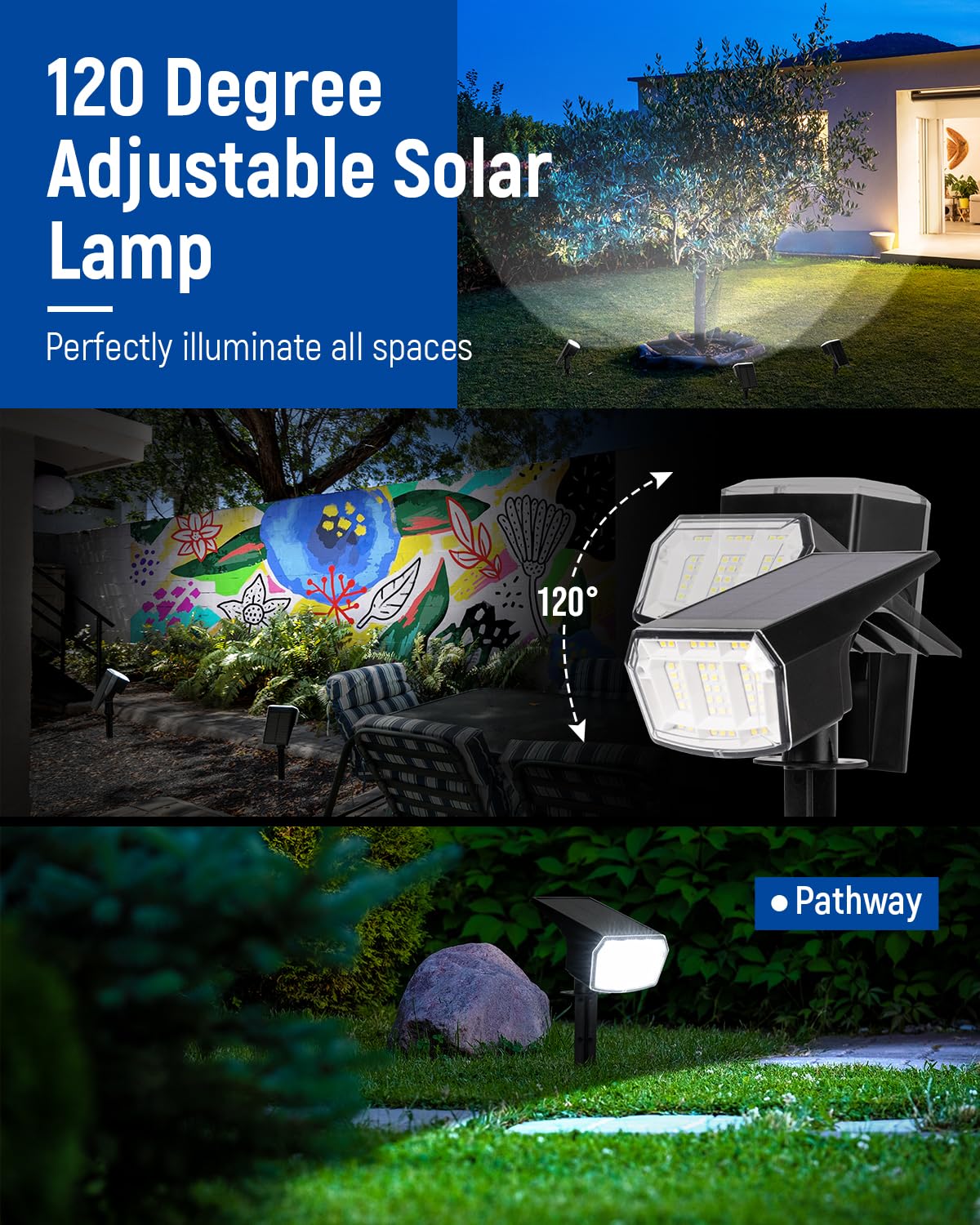 Auderwin Solar Spot Lights Outdoor Waterproof 2 Pack Ip65, 63 Led 3 Lighting Modes Spotlights For Yard Garden House Garage Pathw
