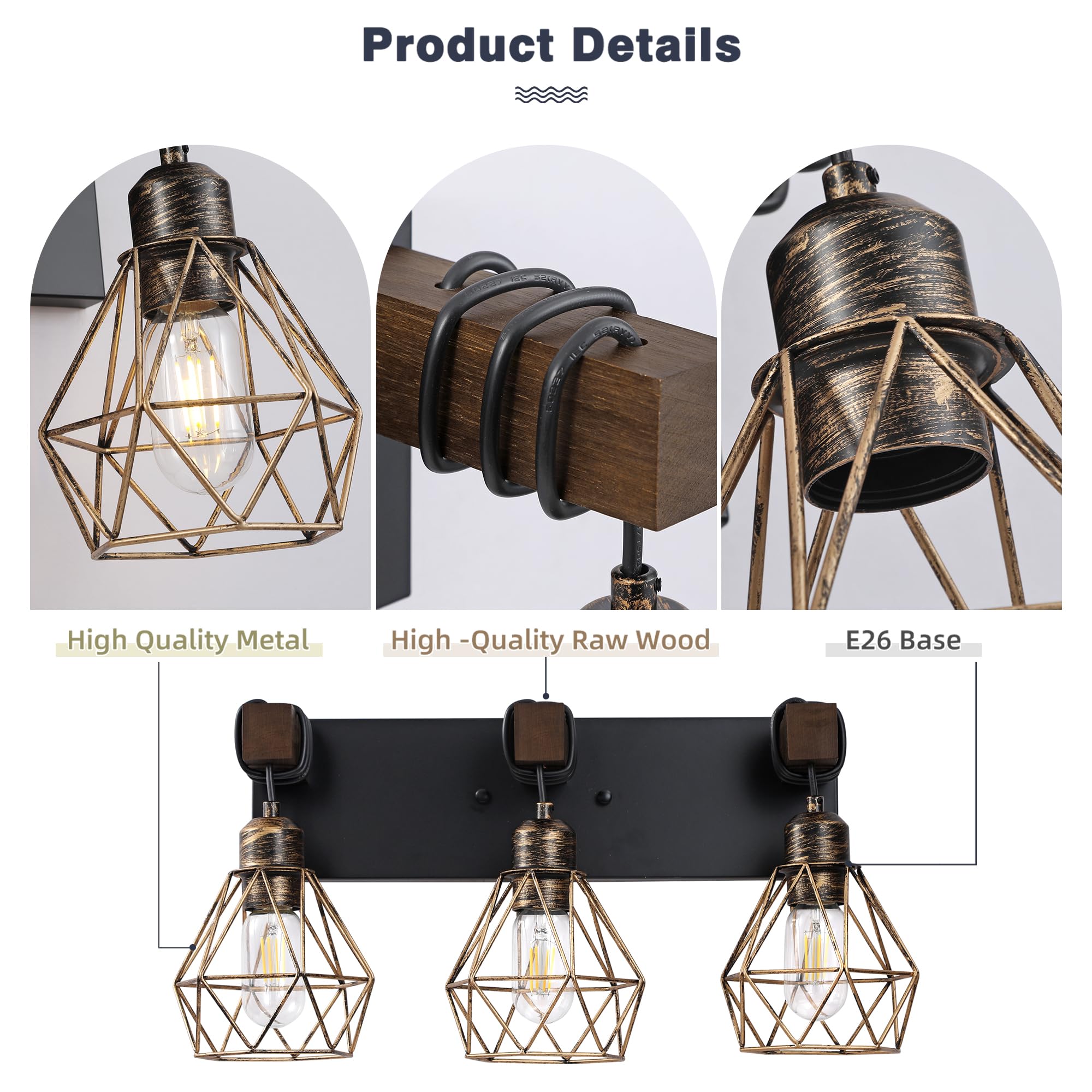 maesta Farmhouse Bathroom Vanity Light Fixture, 3-Light Metal Sconces, Black Gold, Model MA022-3