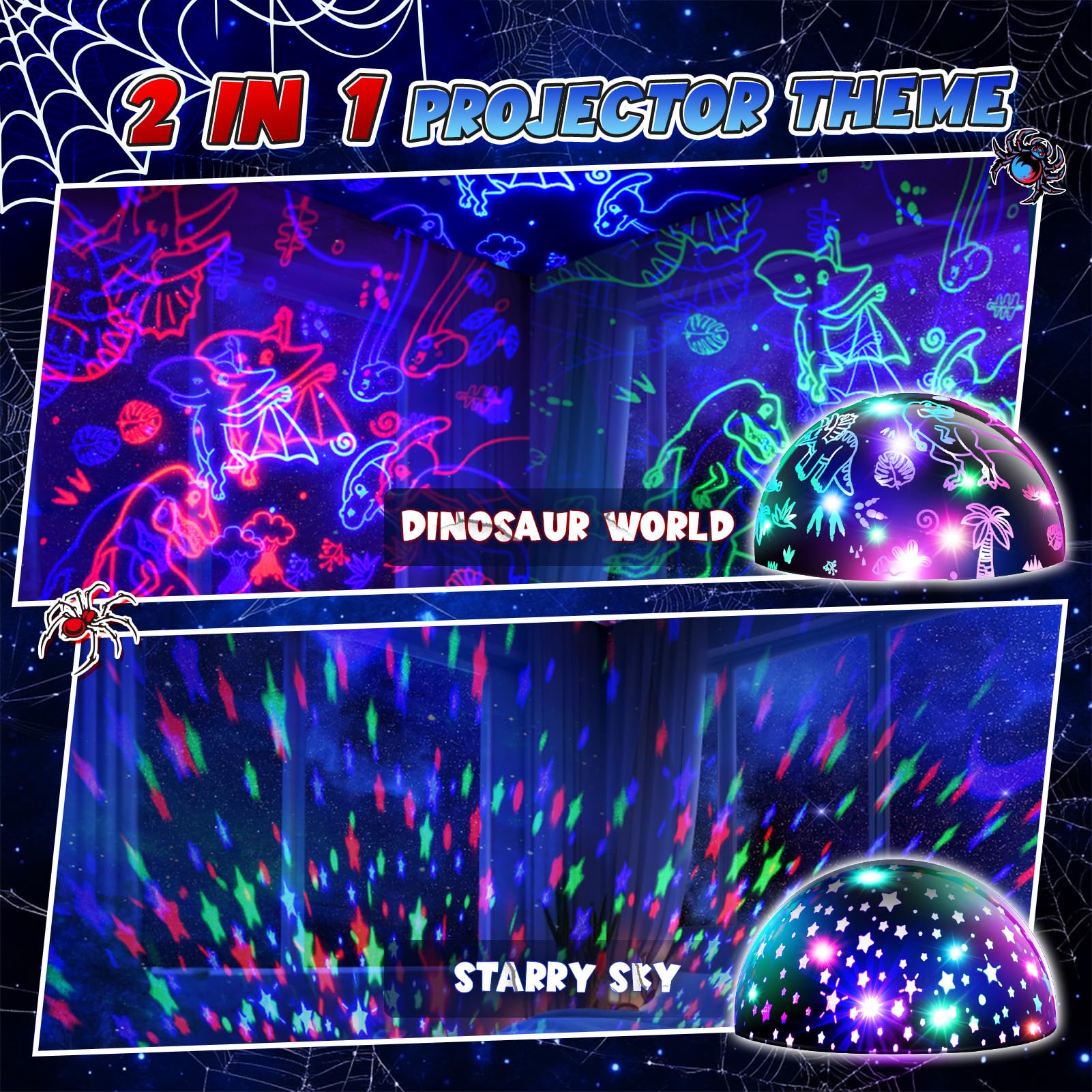 Spider Egg Night Light Projector For Kids: Night Lights Toys For 3-5 6 7 8 9 10 11 12 Year Old Boys, 2-In-1 Dinosaur & Star Proj