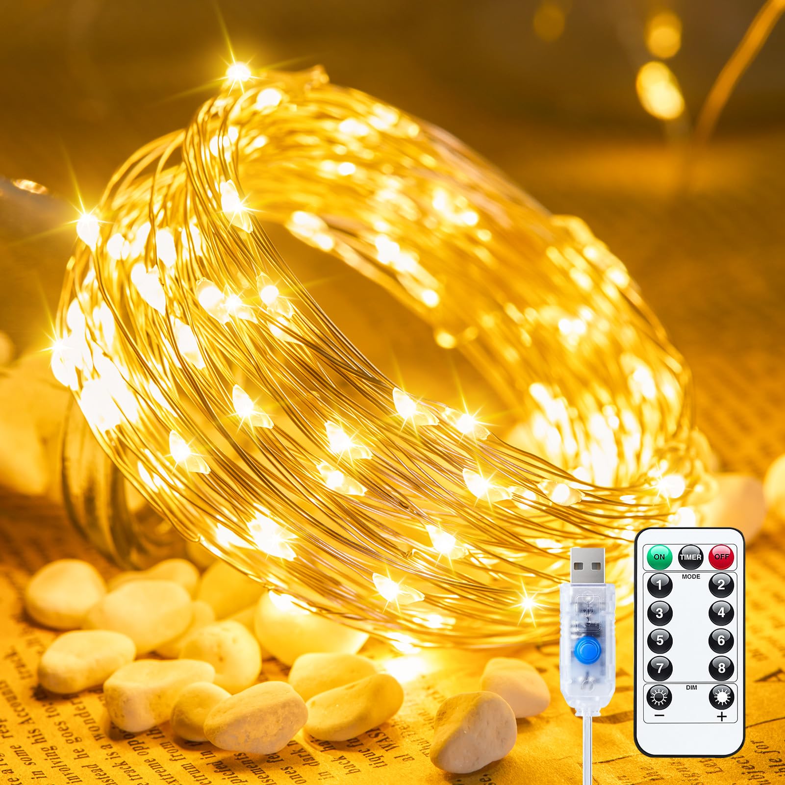 Minetom USB Fairy Lights, 33 ft 100 LED Twinkle String Lights, Waterproof, 8 Modes, Warm White, 1 Pack
